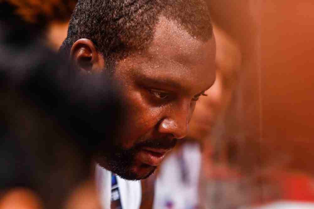 Gilas' own Andray Blatche listens closely during the huddle. His potential game-winning triple was blocked as time expired. Photo from FIBA 