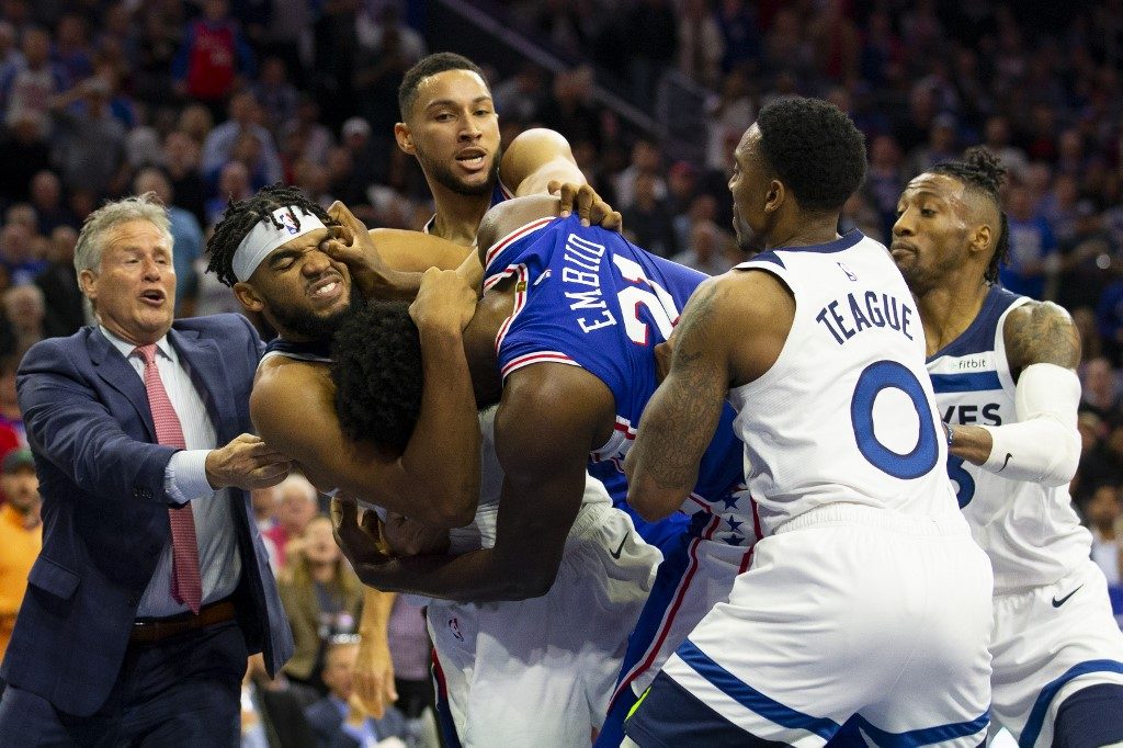 Embiid, Towns ejected as Sixers win fourth straight