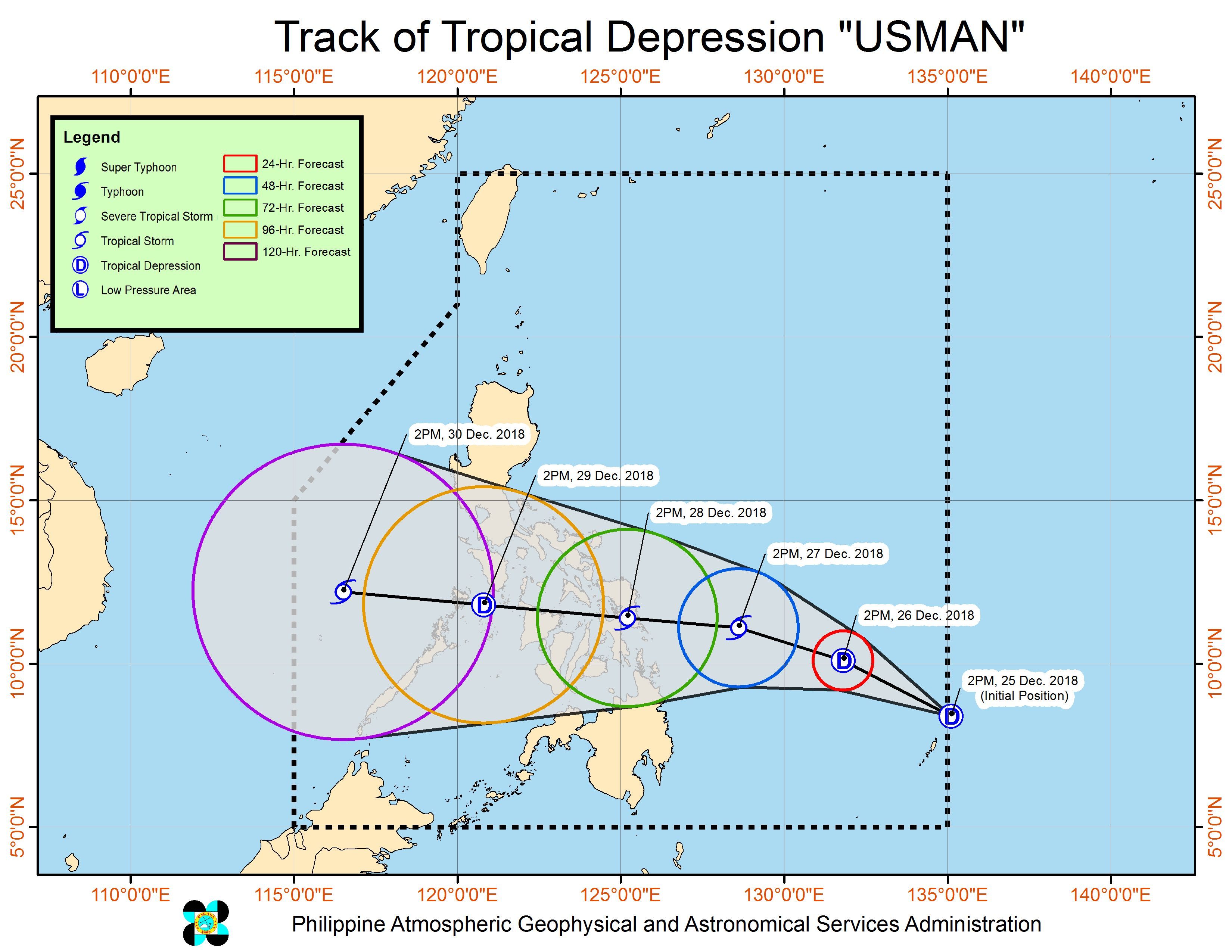 Forecast track of Tropical Depression Usman as of December 25, 2018, 5 pm. Image from PAGASA 