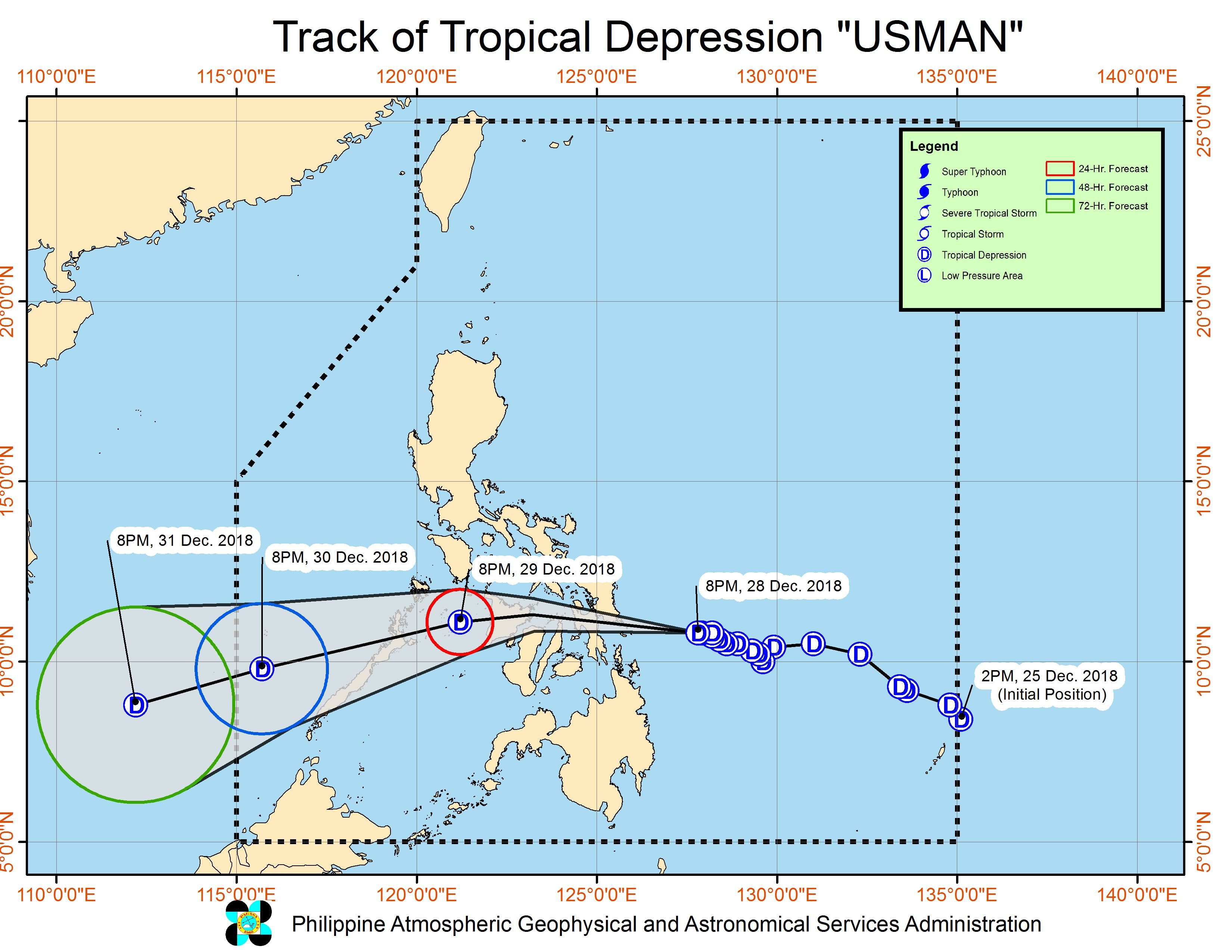 Forecast track of Tropical Depression Usman as of December 28, 2018, 11 pm. Image from PAGASA 