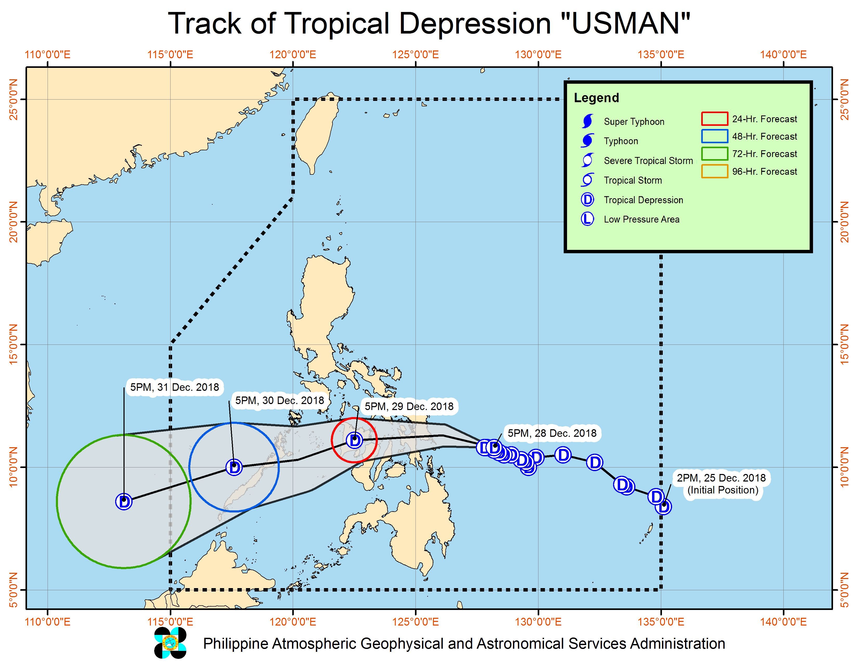 Forecast track of Tropical Depression Usman as of December 28, 2018, 8 pm. Image from PAGASA 