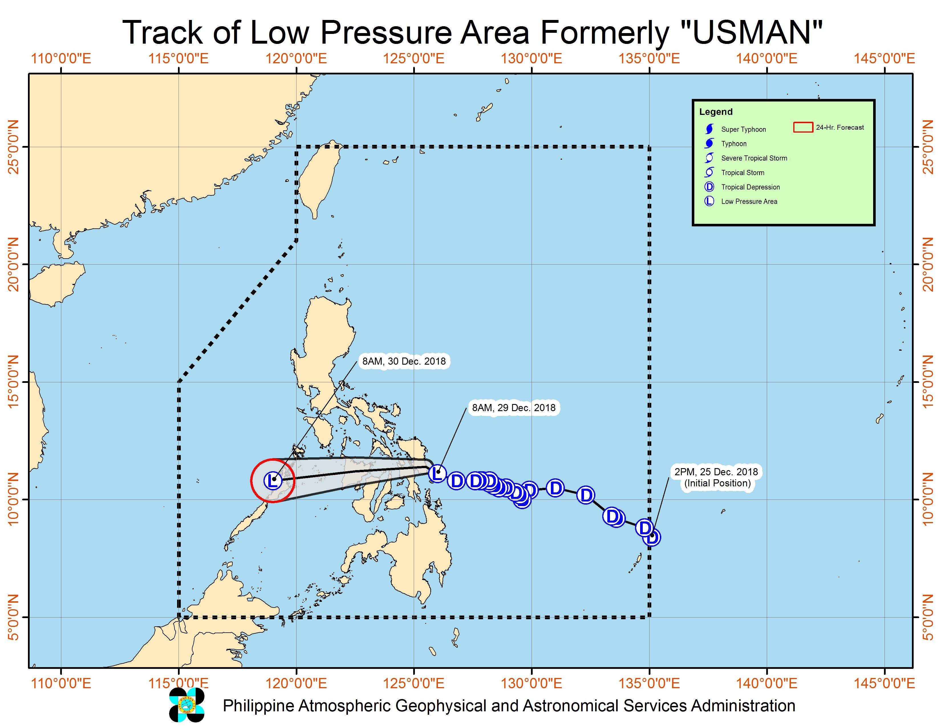 Forecast track of the low pressure area which used to be Tropical Depression Usman, as of December 29, 2018, 8 am. Image from PAGASA 