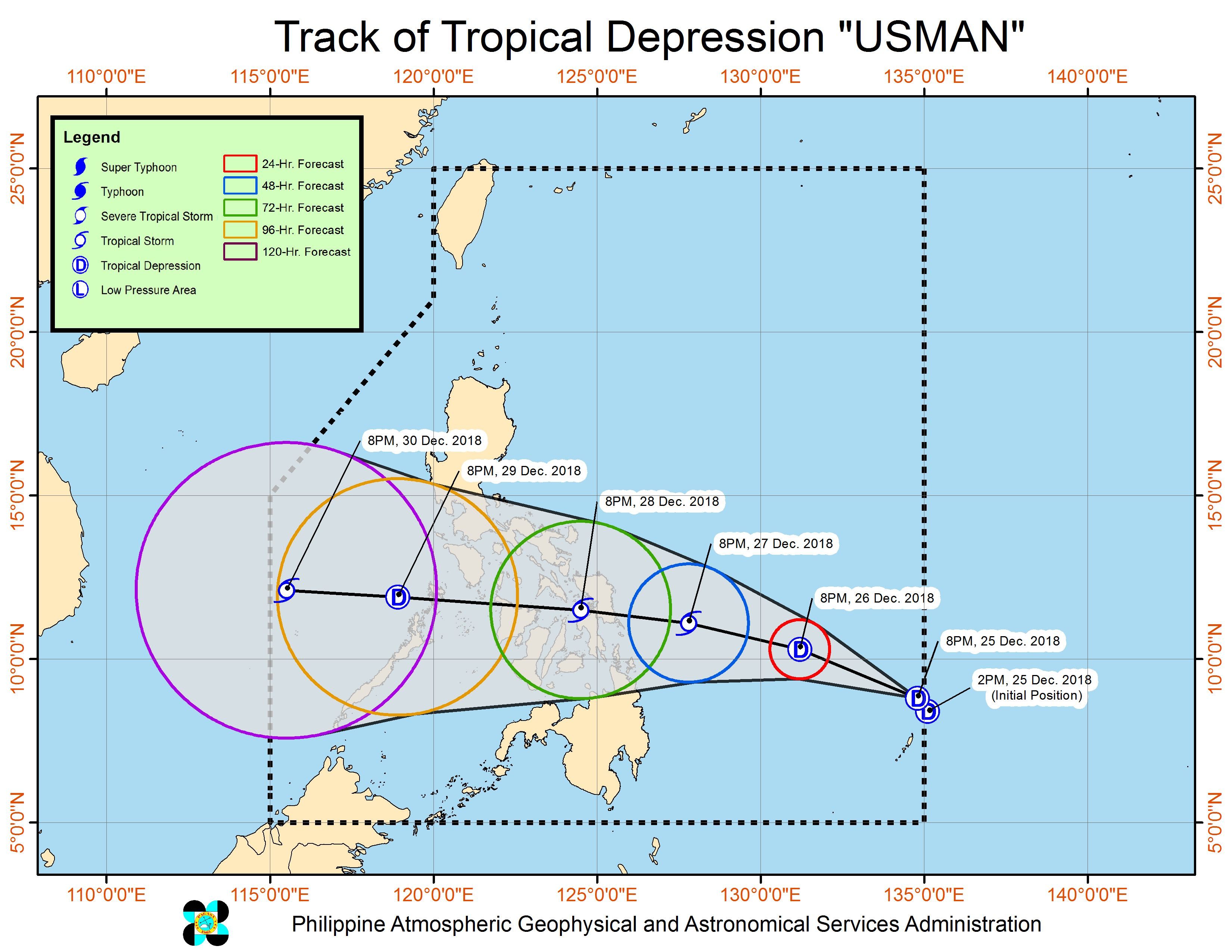 Forecast track of Tropical Depression Usman as of December 25, 2018, 11 pm. Image from PAGASA 