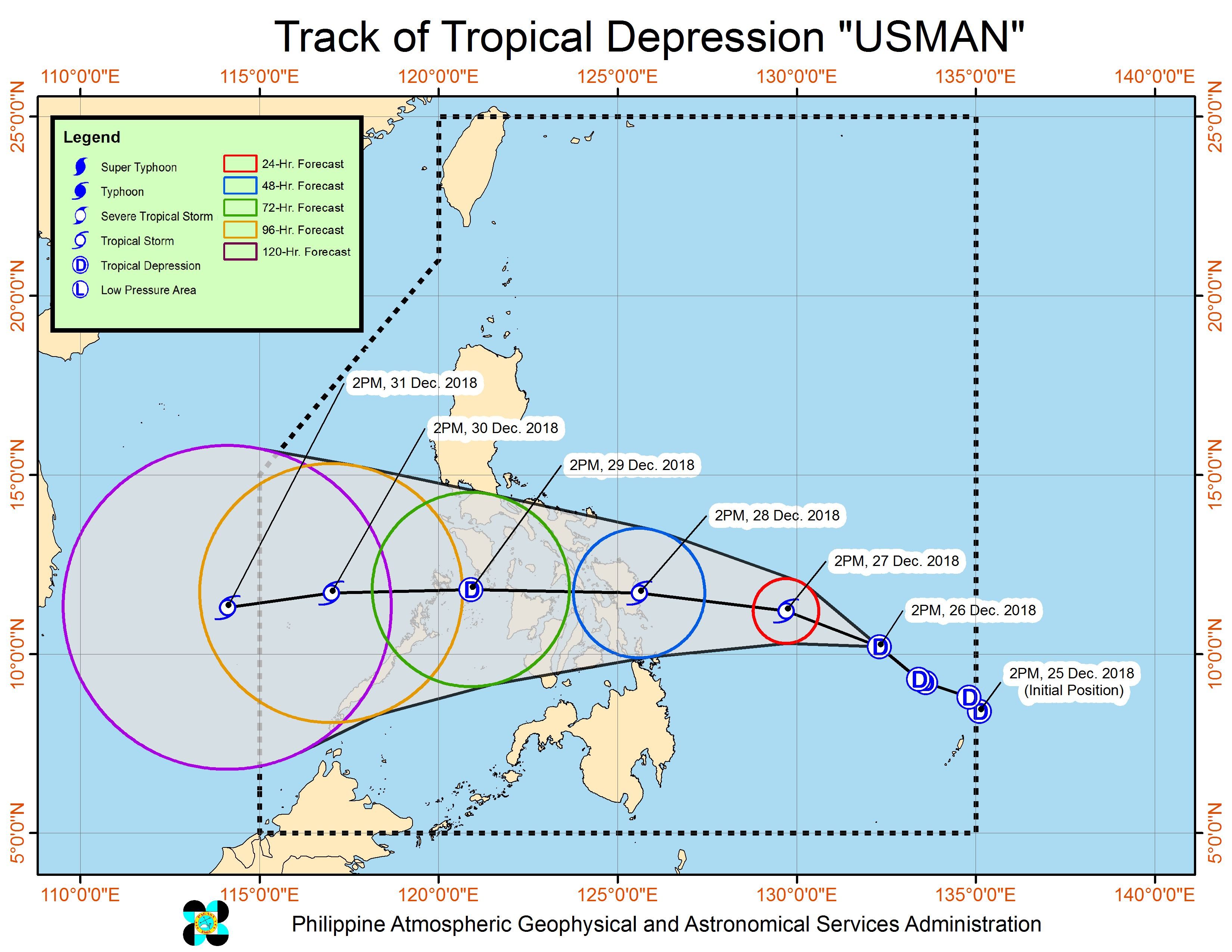 Forecast track of Tropical Depression Usman as of December 26, 2018, 5 pm. Image from PAGASA 