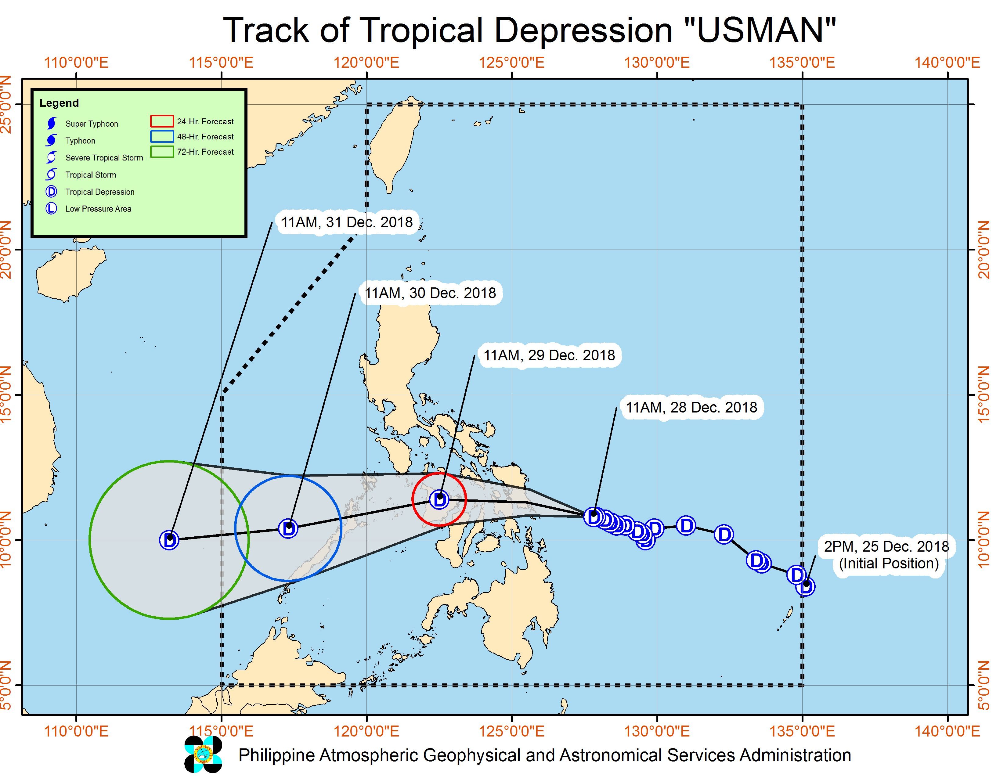 Forecast track of Tropical Depression Usman as of December 28, 2018, 2 pm. Image from PAGASA 