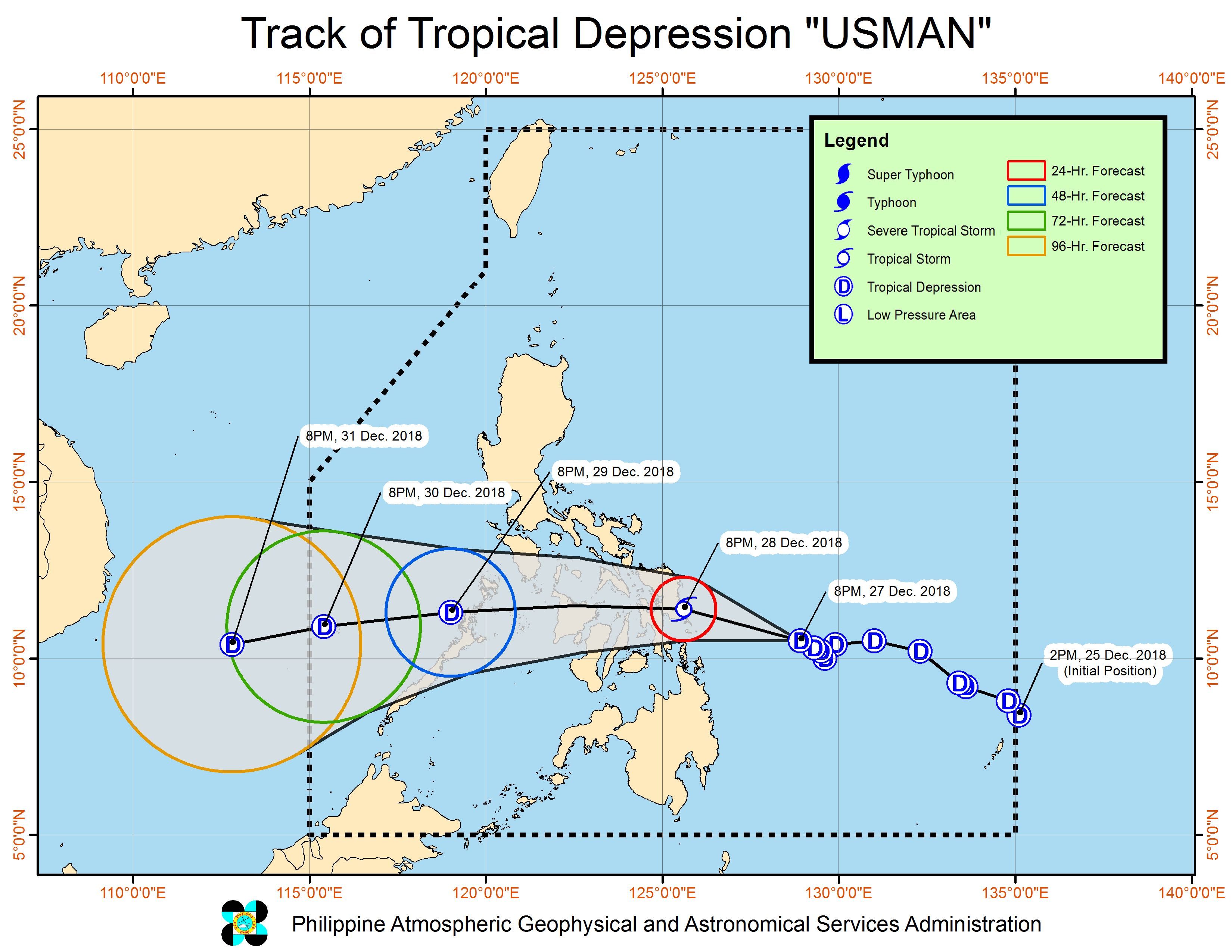 Forecast track of Tropical Depression Usman as of December 27, 2018, 11 pm. Image from PAGASA 