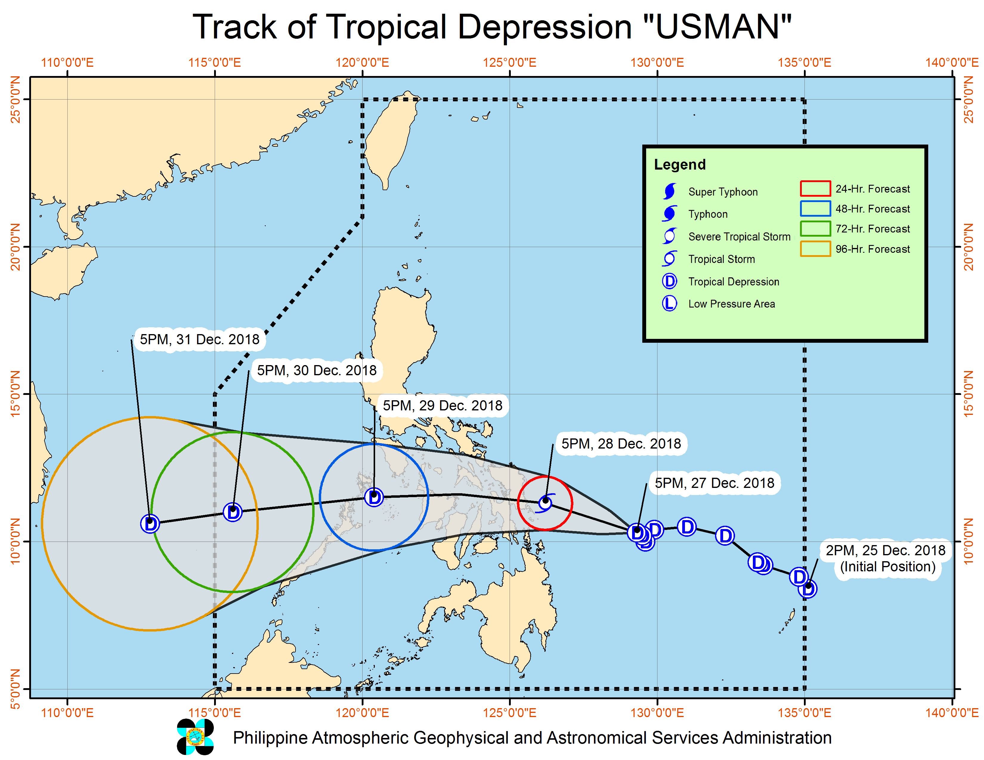 Forecast track of Tropical Depression Usman as of December 27, 2018, 8 pm. Image from PAGASA 