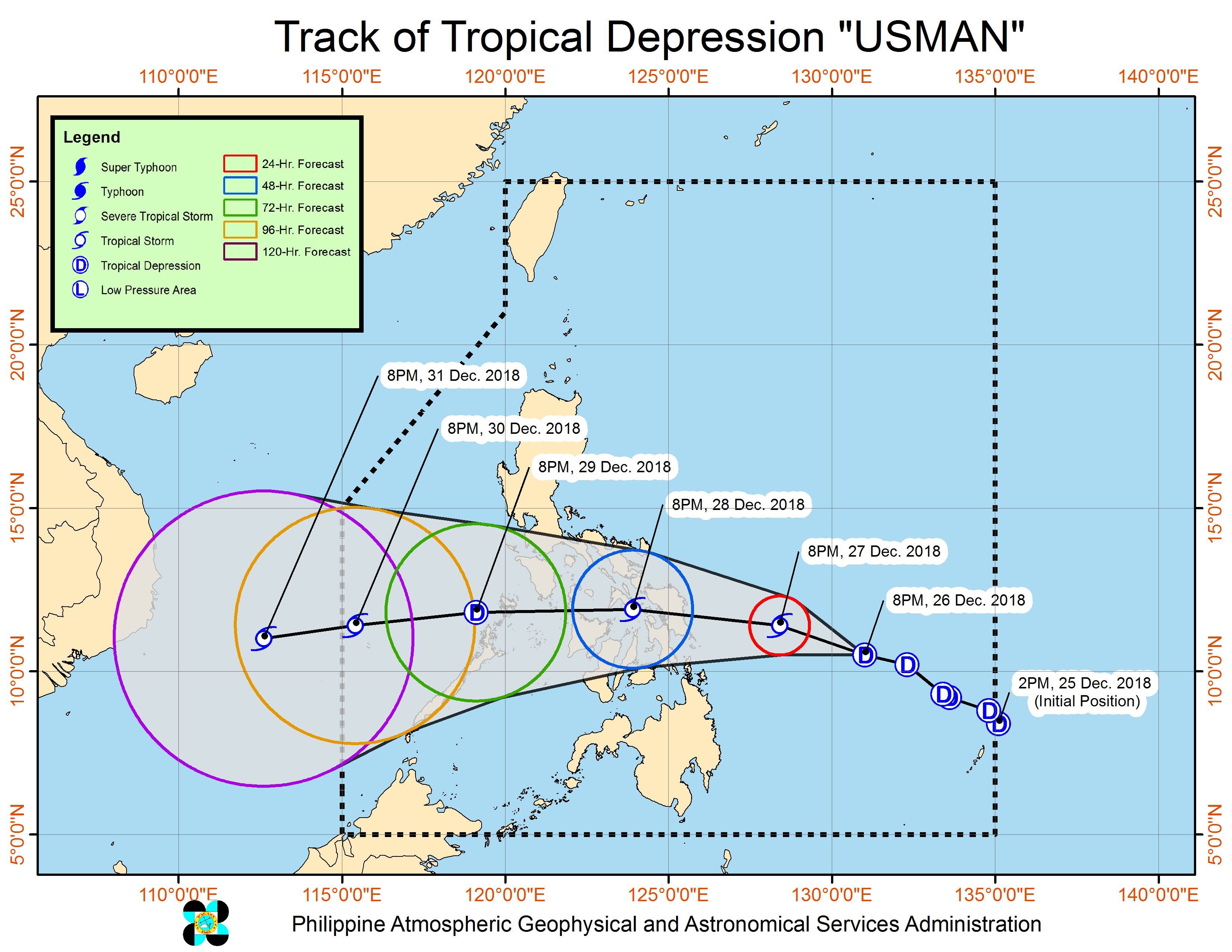 Forecast track of Tropical Depression Usman as of December 26, 2018, 11 pm. Image from PAGASA 