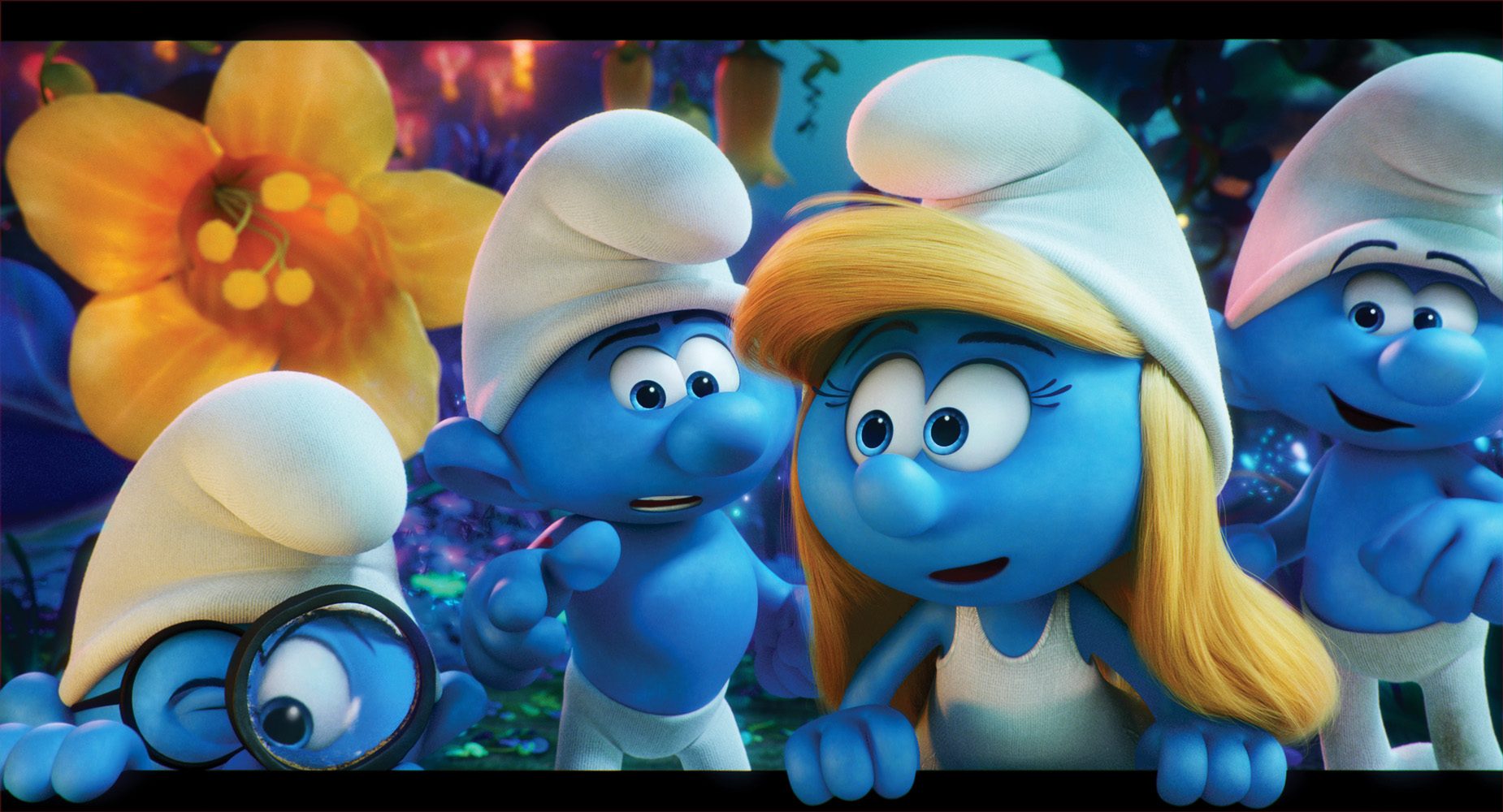 Brainy (Danny Pudi), Hefty (Joe Manganiello), Smurfette (Demi Lovato) and Clumsy (Jack McBrayer) embark on an exciting and thrilling race through the Forbidden Forest. Photo courtesy of Columbia Pictures  