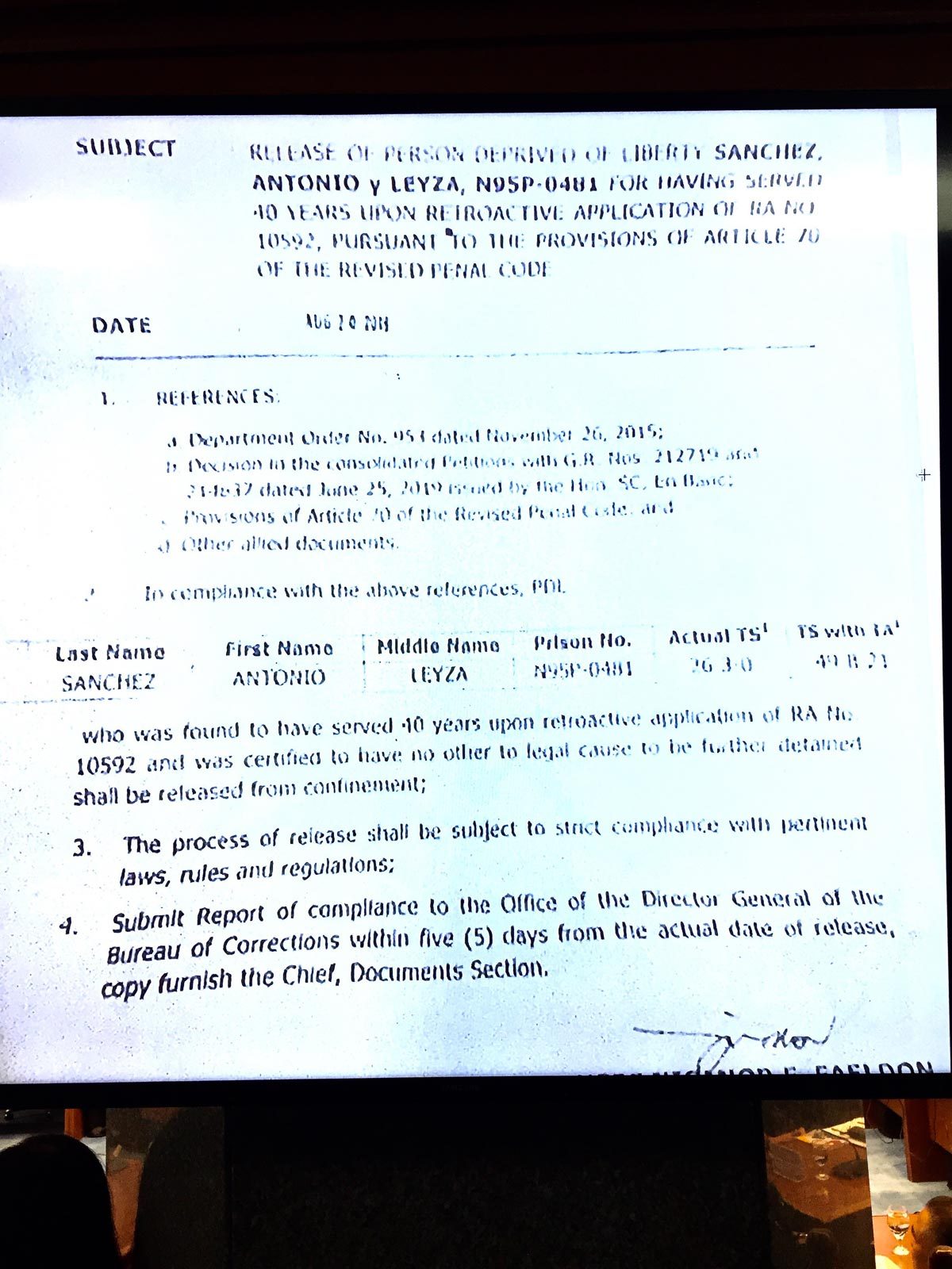REFERENCE. DOJ's DO 953 is listed as a reference for the memorandum of release for rape-slay convict Antonio Sanchez. Photo from Senate PRIB 