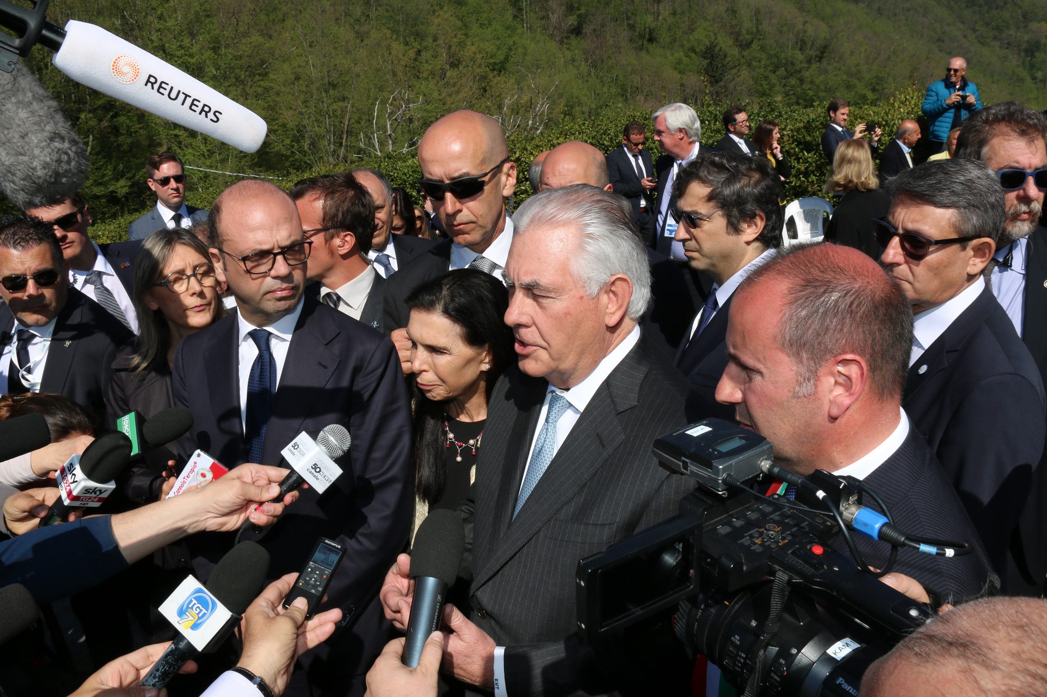 MEETING THE MEDIA. US Secretary of State Rex Tillerson addresses reporters at the Sant'Anna di Stazzema massacre memorial site in Lucca, Italy, on April 10, 2017. US State Department photo/Public Domain 