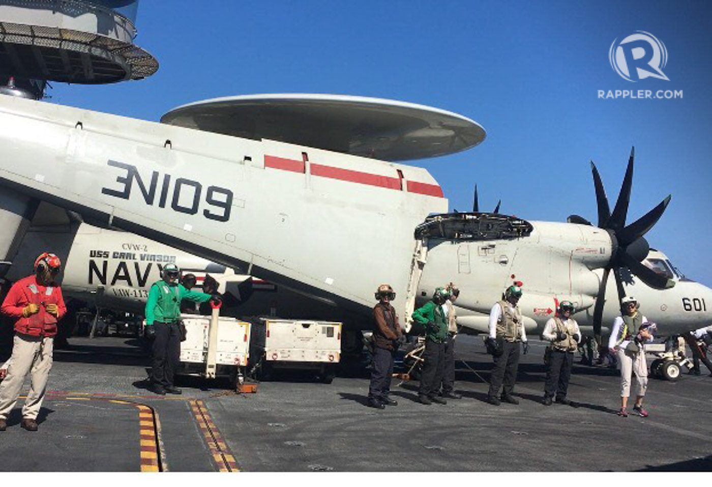 SAVING SPACE. An E-2C Hawkeye with folded wings to save space on the flight deck. Photo by Camille Elemia/Rappler  