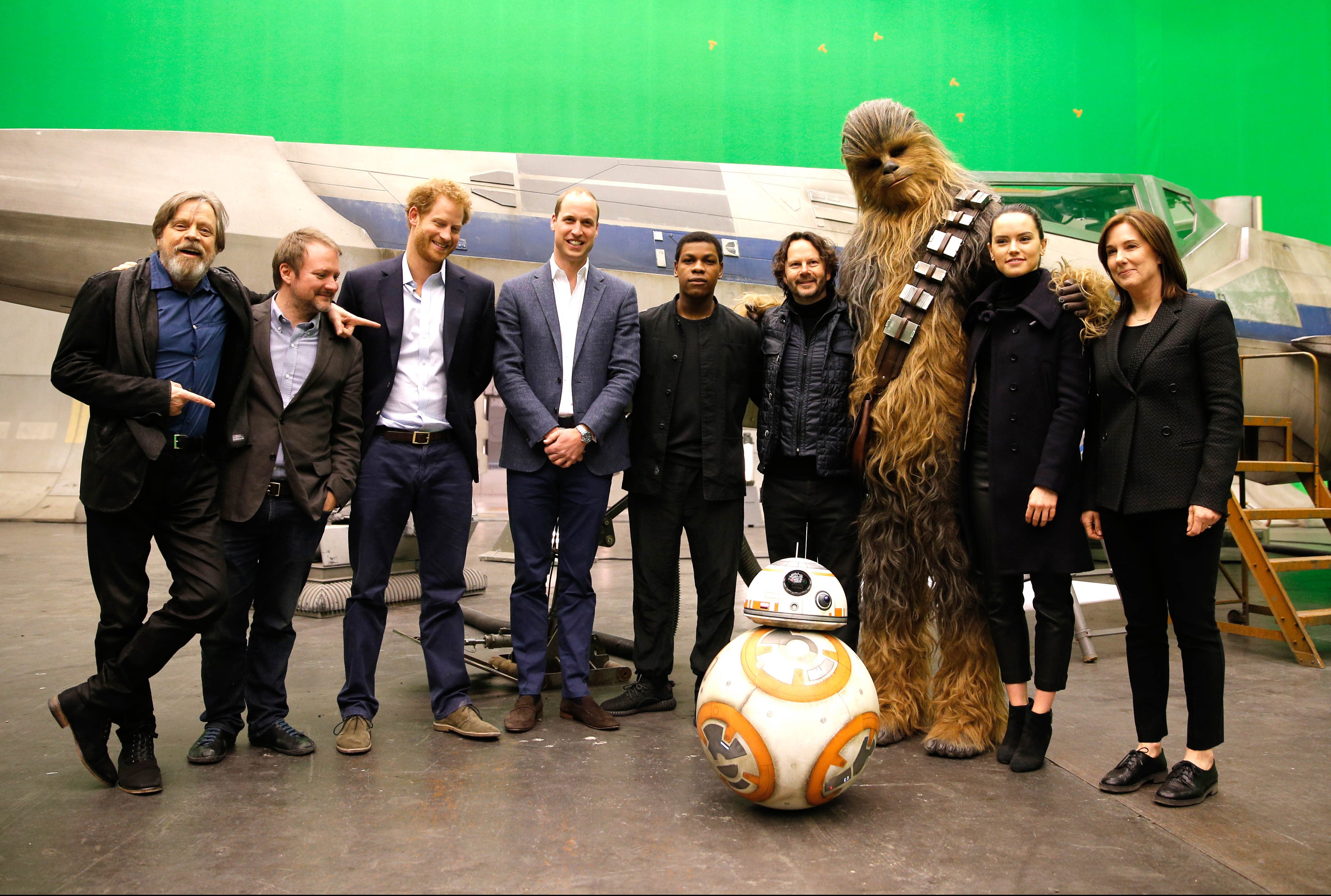 Mark Hamill, director Rian Johnson, Prince Harry, Prince William, Duke of Cambridge, John Boyega, Chewbacca and Daisy Ridley pose during a tour of the 'Star Wars' sets at Pinewood studios in Iver Heath, west of London on April 19, Thursday. Photo from EPA 