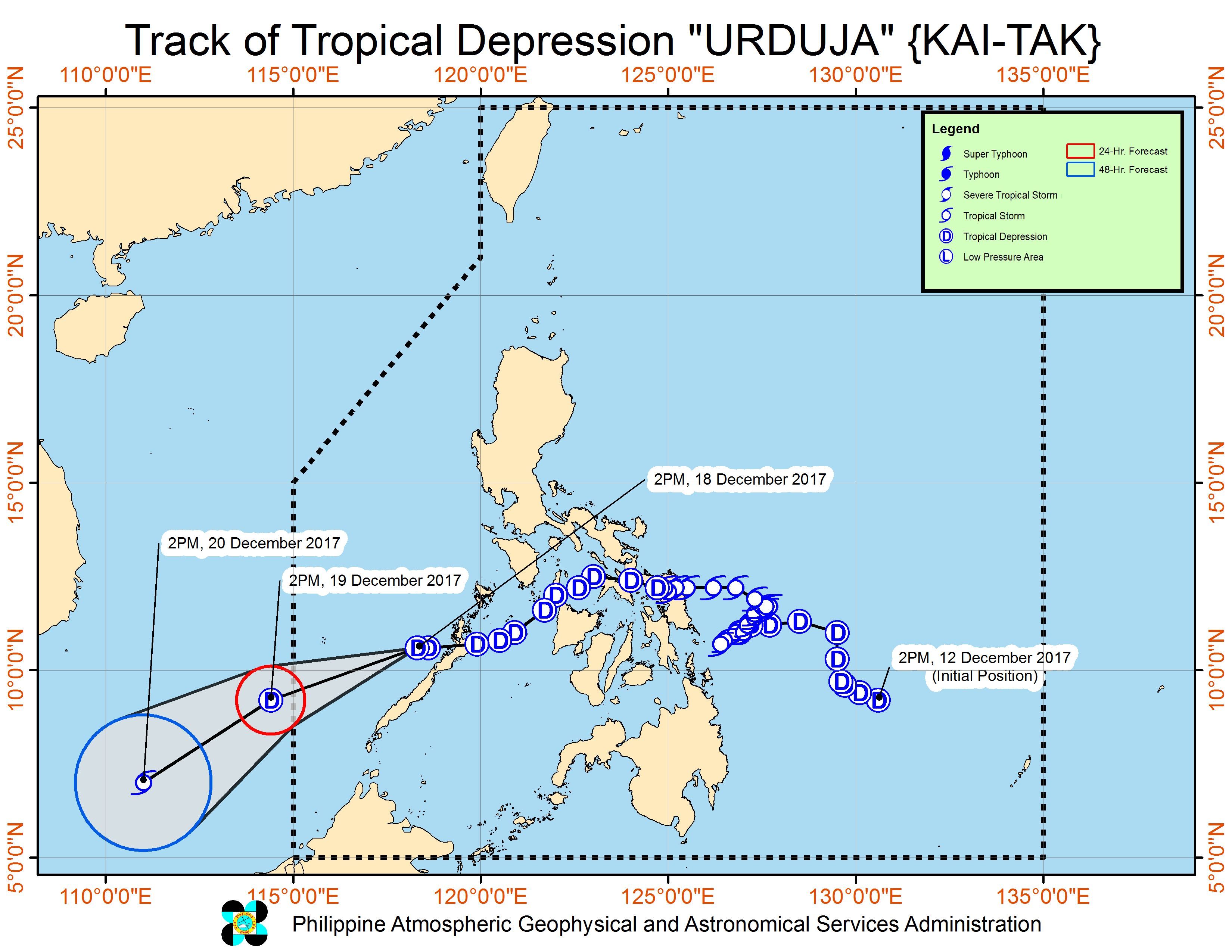 Forecast track of Tropical Depression Urduja as of December 18, 5 pm. Image courtesy of PAGASA 