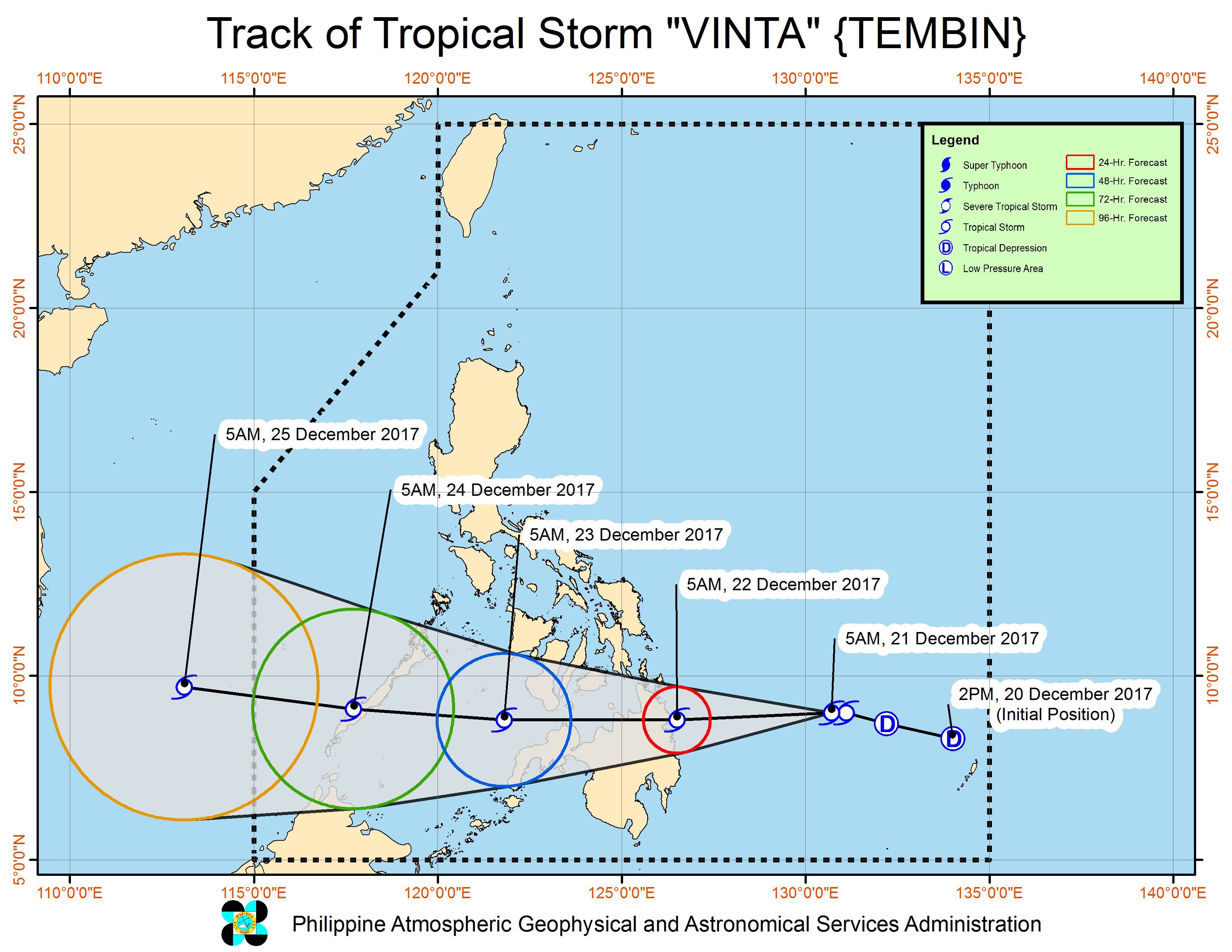 Forecast track of Tropical Storm Vinta as of December 21, 8 am. Image courtesy of PAGASA 