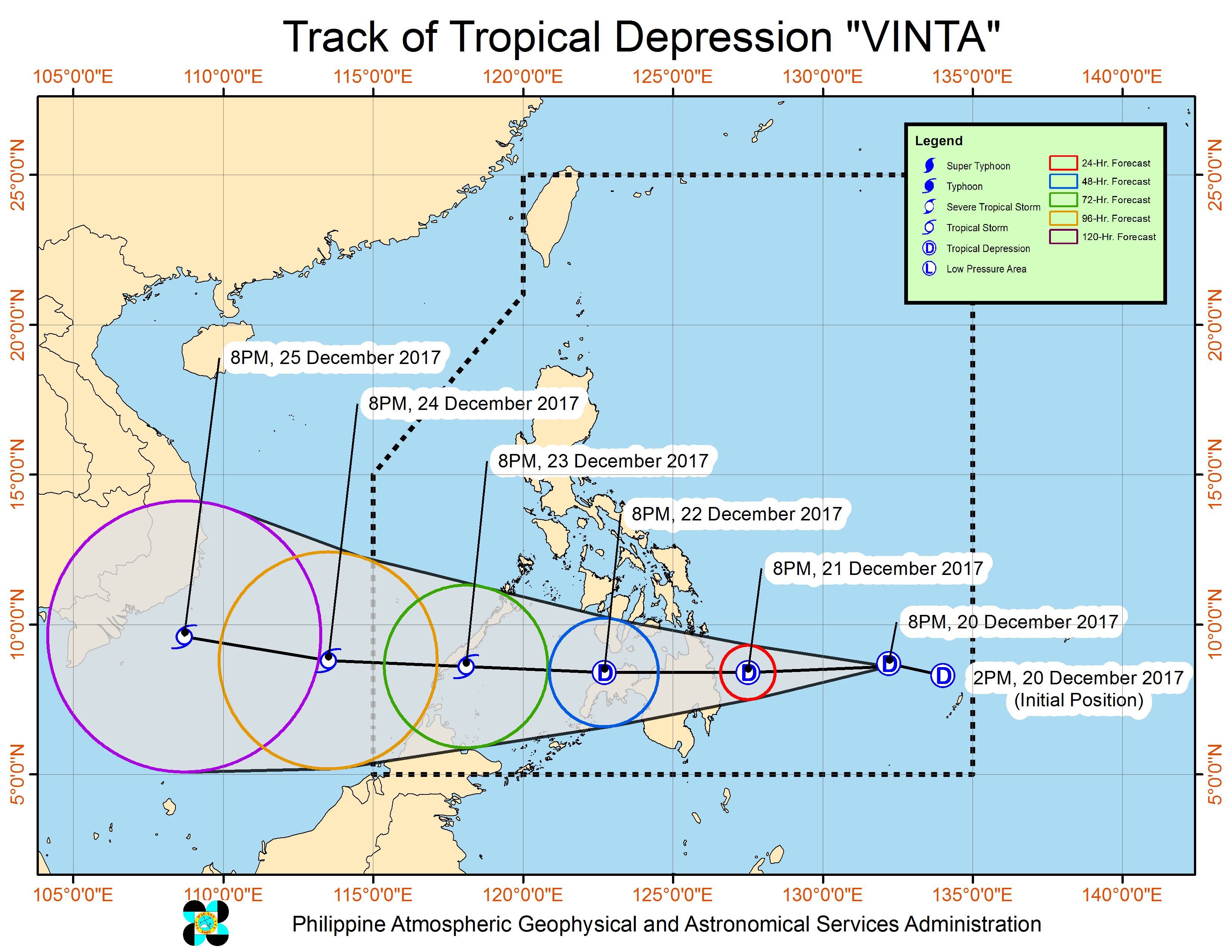 Forecast track of Tropical Depression Vinta as of December 20, 11 pm. Image courtesy of PAGASA 