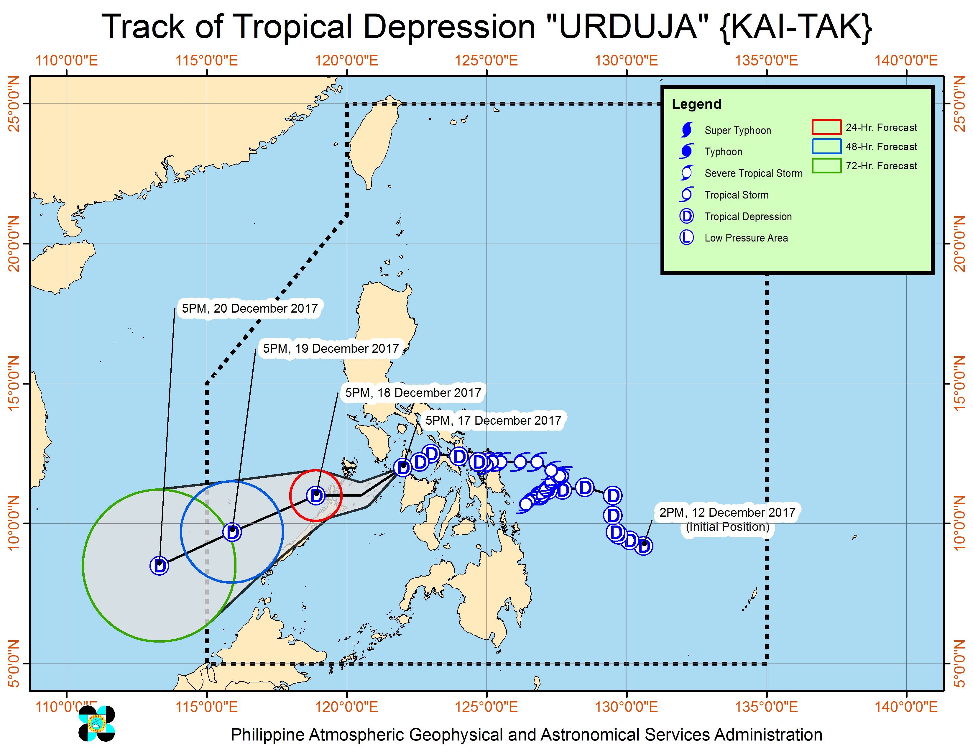 Forecast track of Tropical Depression Urduja as of December 17, 8 pm. Image courtesy of PAGASA 