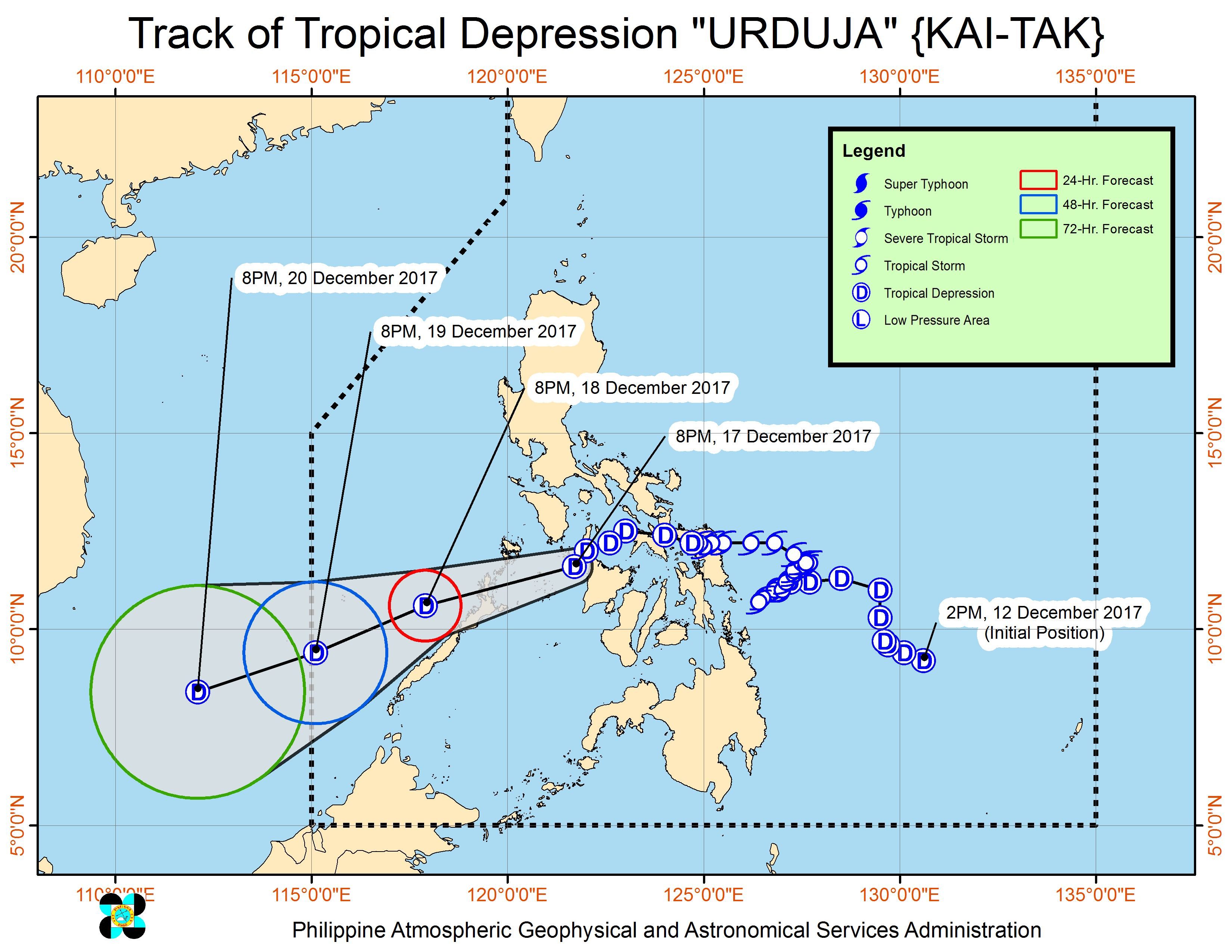 Forecast track of Tropical Depression Urduja as of December 17, 11 pm. Image courtesy of PAGASA 