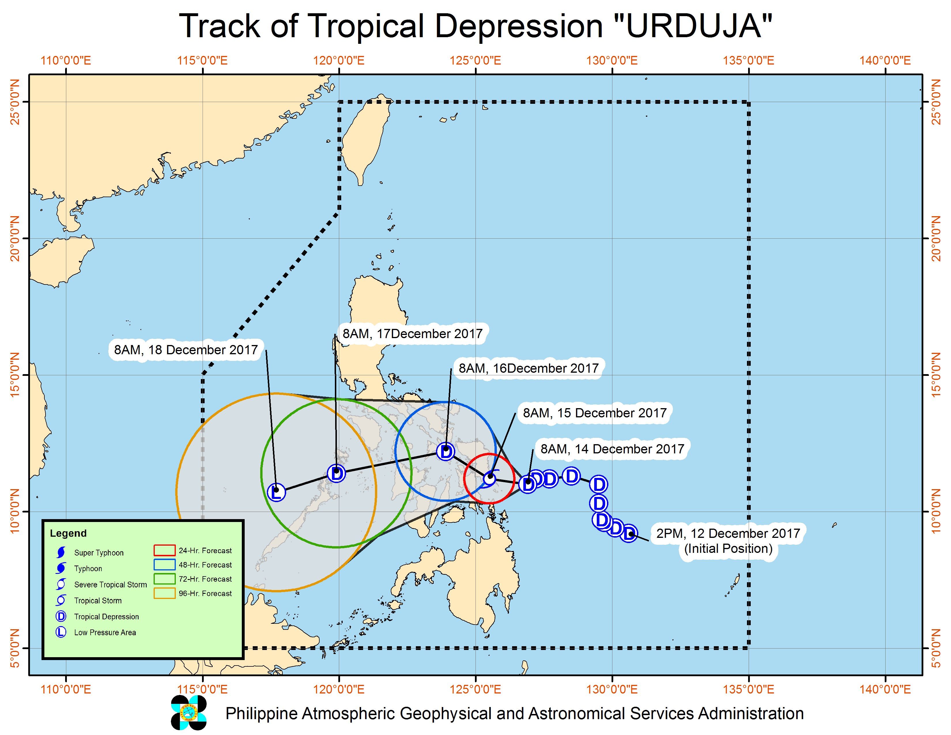 Forecast track of Tropical Depression Urduja as of December 14, 11 am. Image courtesy of PAGASA 