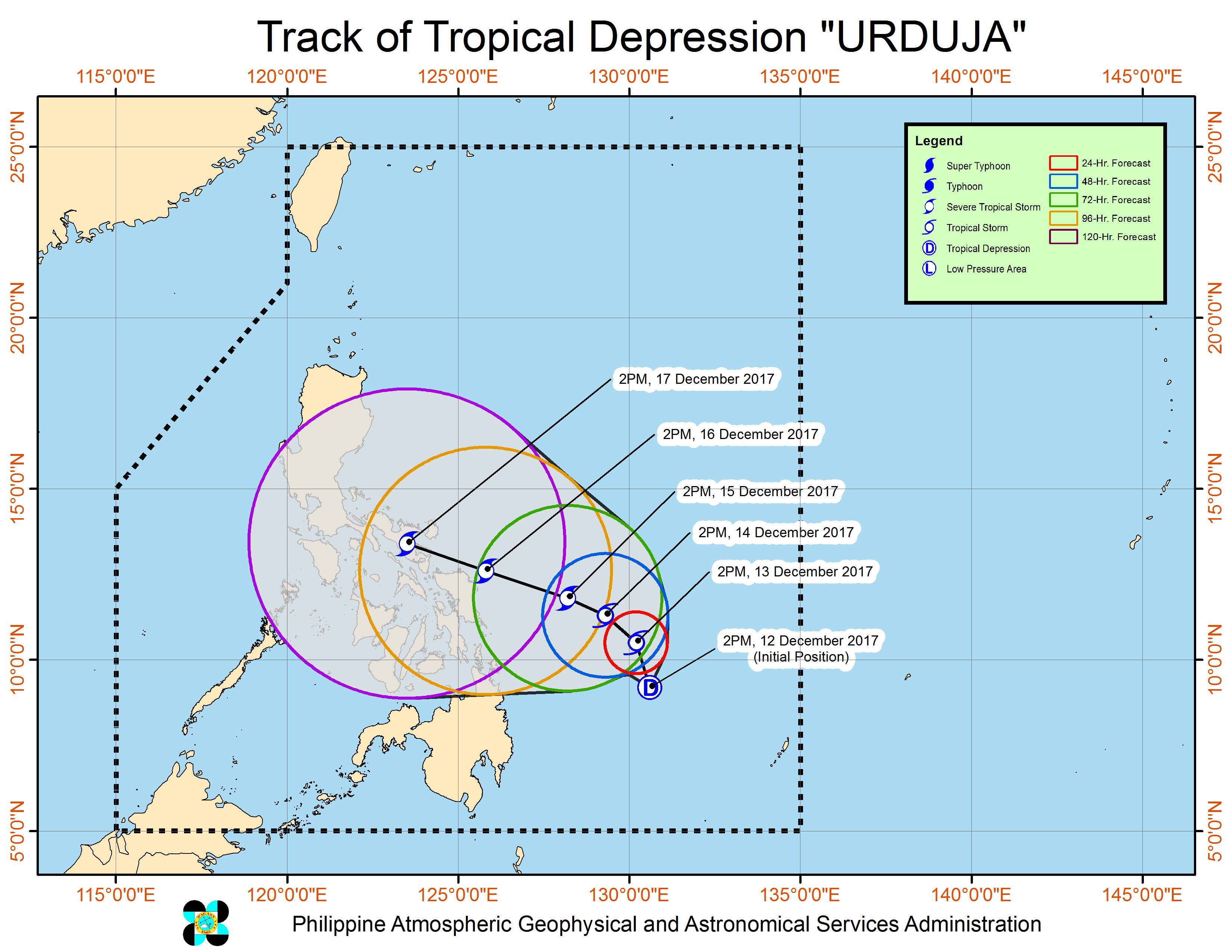 Forecast track of Tropical Depression Urduja as of December 12, 5 pm. Image courtesy of PAGASA 