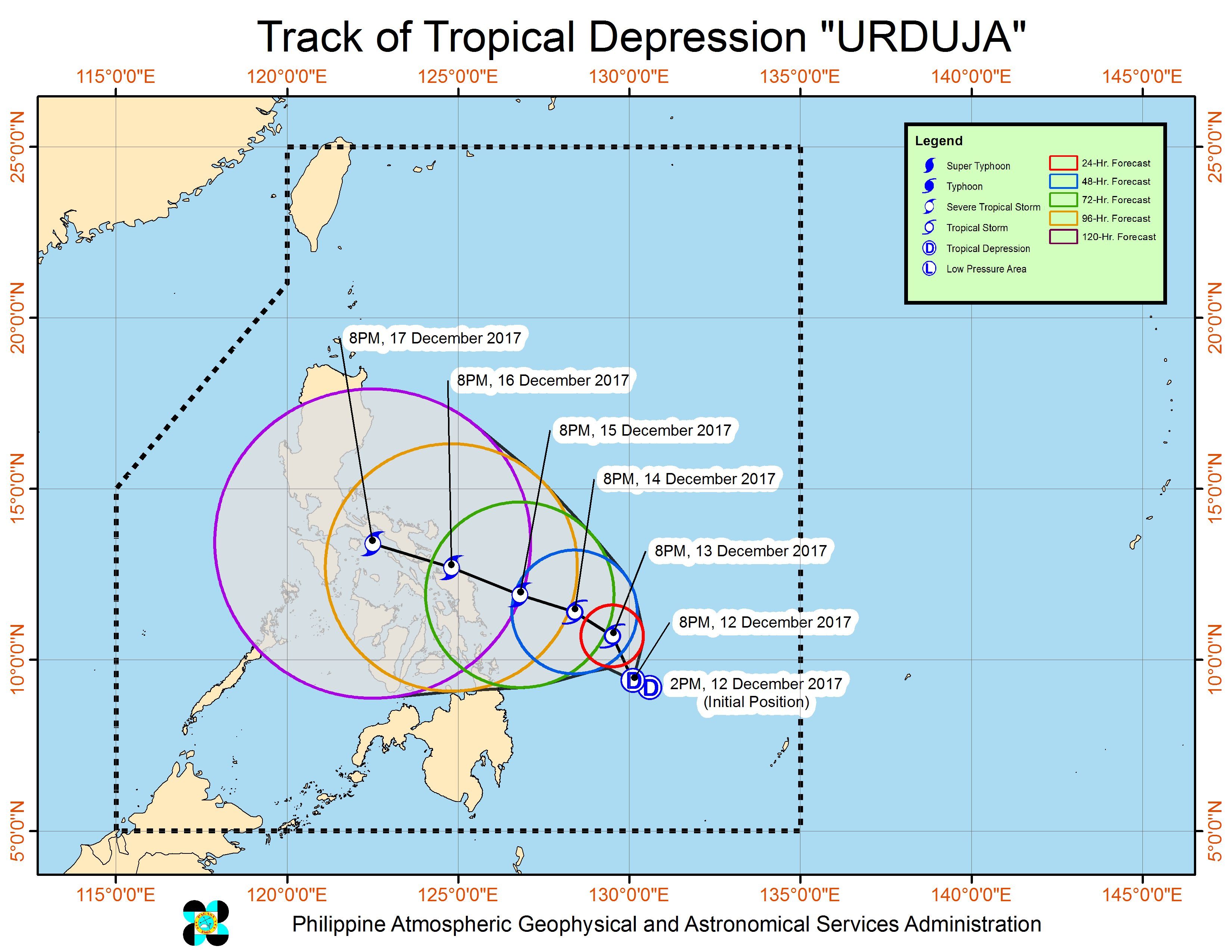 Forecast track of Tropical Depression Urduja as of December 12, 11 pm. Image courtesy of PAGASA 