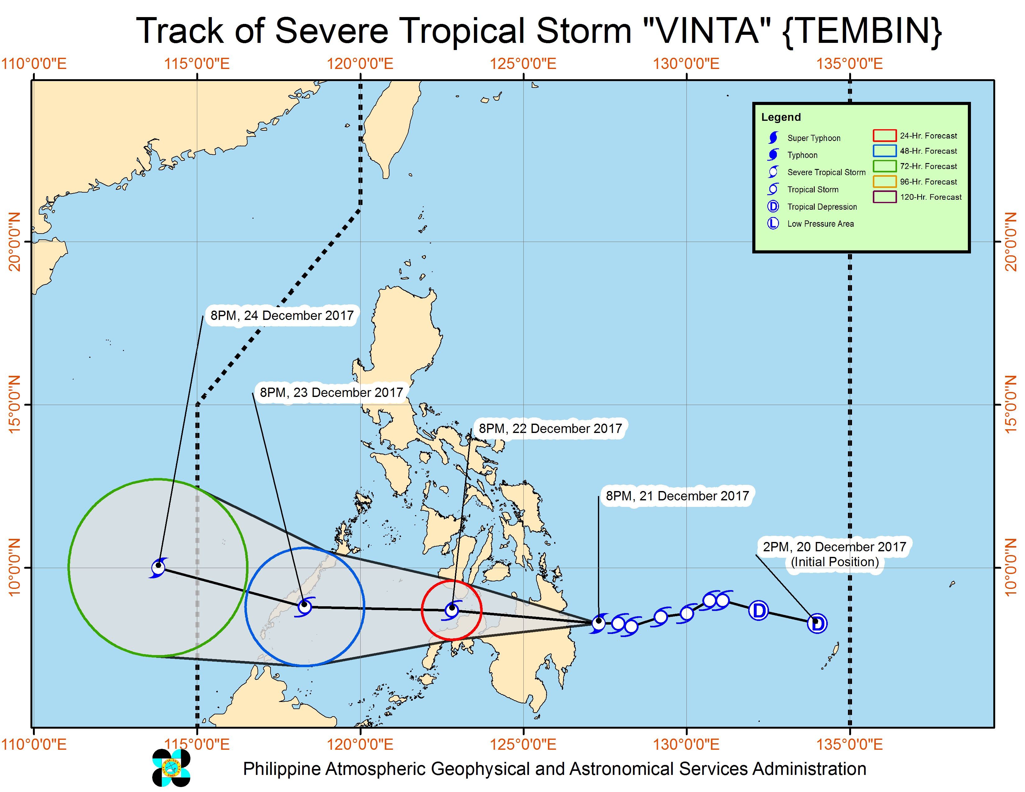 Forecast track of Severe Tropical Storm Vinta as of December 21, 11 pm. Image courtesy of PAGASA 