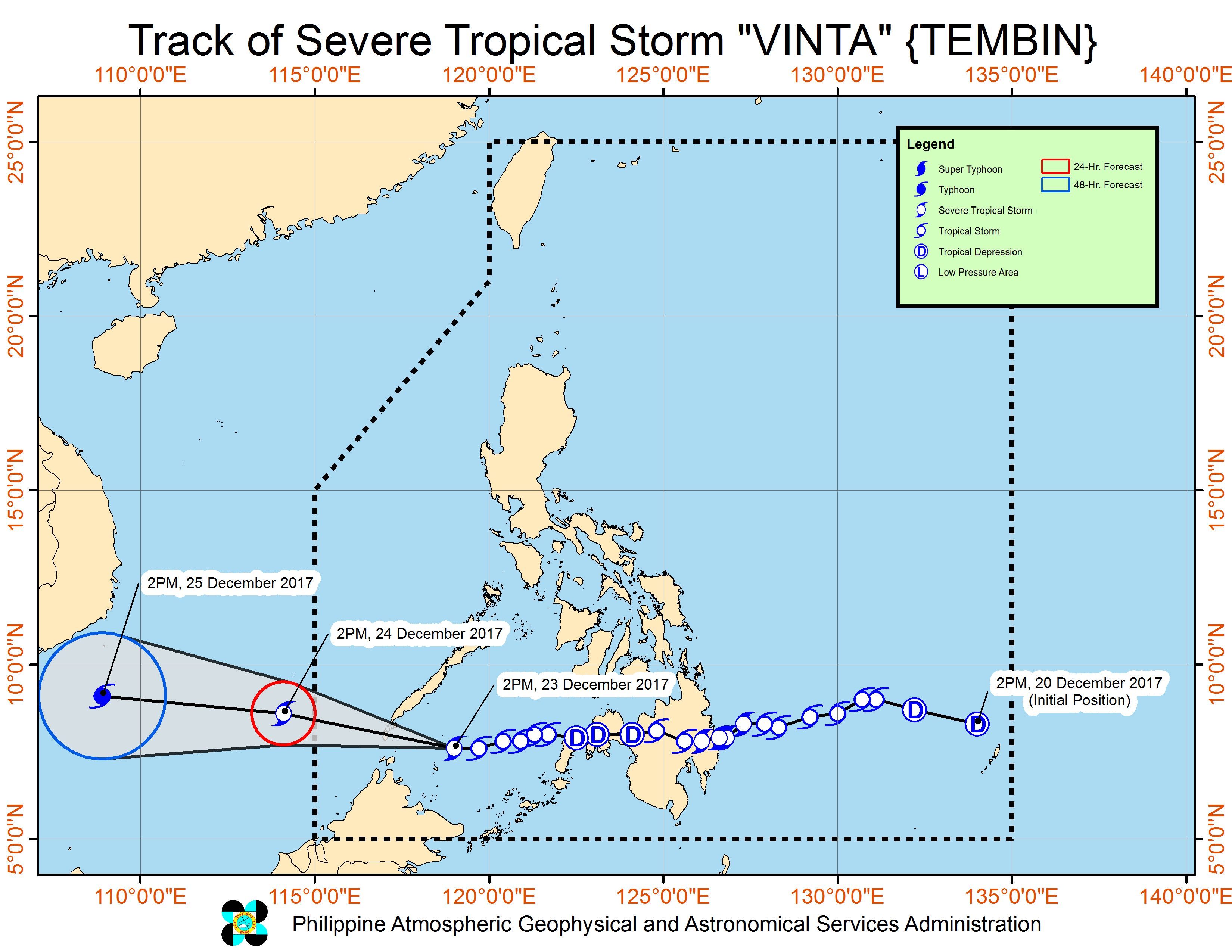 Forecast track of Severe Tropical Storm Vinta as of December 23, 5 pm. Image courtesy of PAGASA 