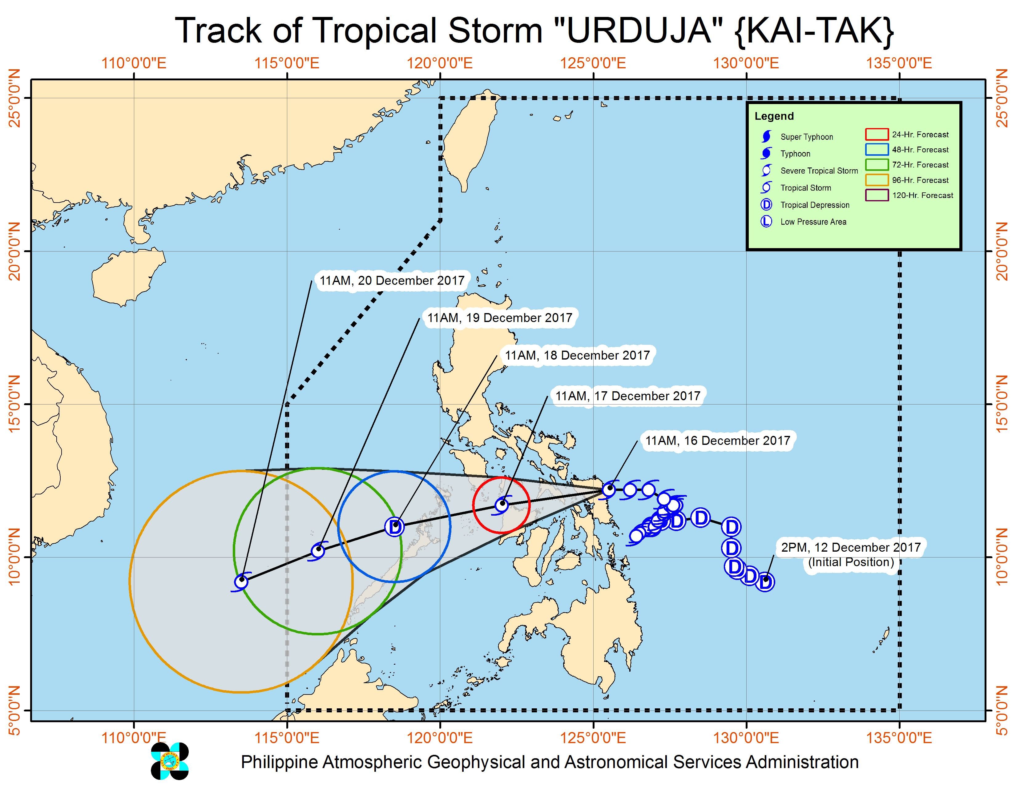 Forecast track of Tropical Storm Urduja as of December 16, 2:30 pm. Image courtesy of PAGASA 