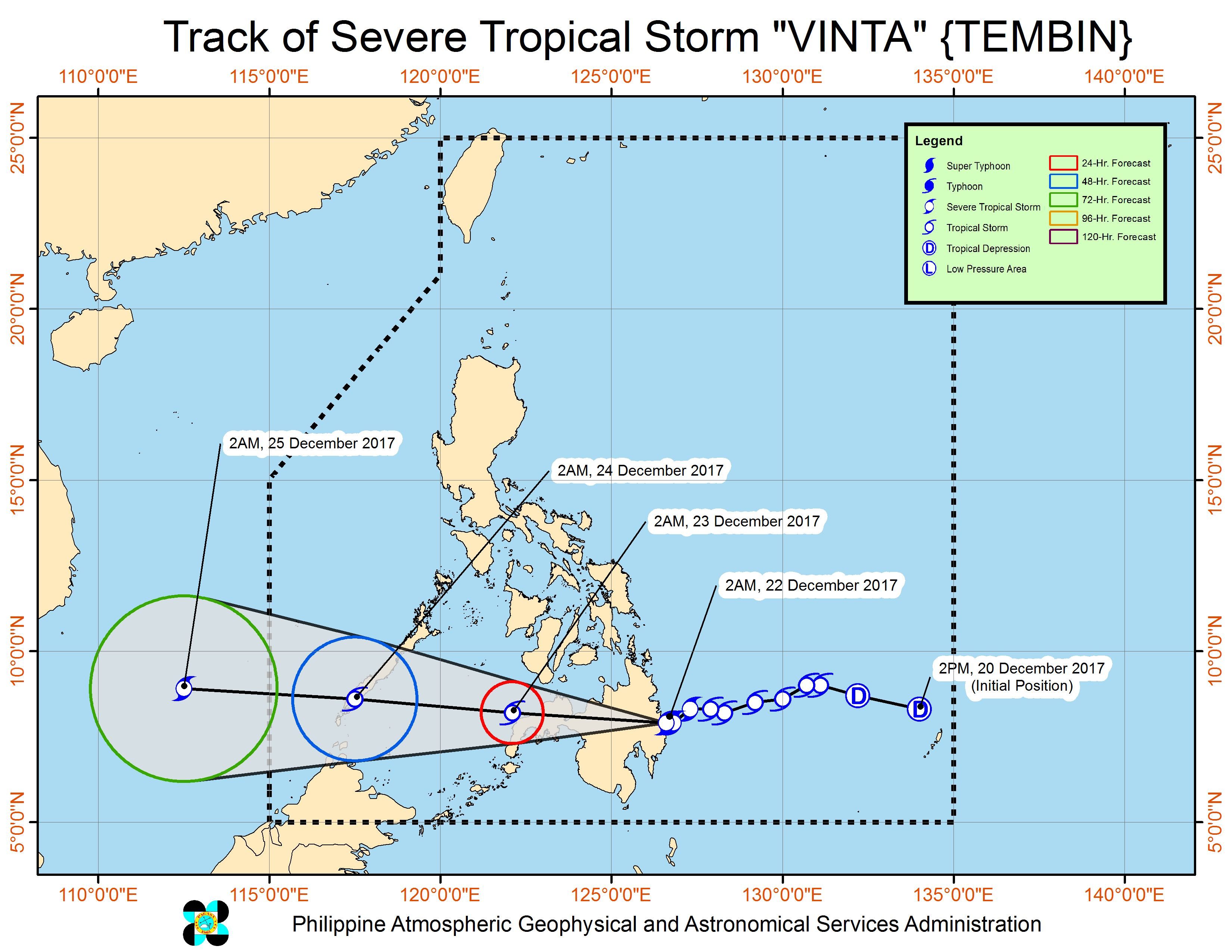 Forecast track of Severe Tropical Storm Vinta as of December 22, 5 am. Image courtesy of PAGASA 