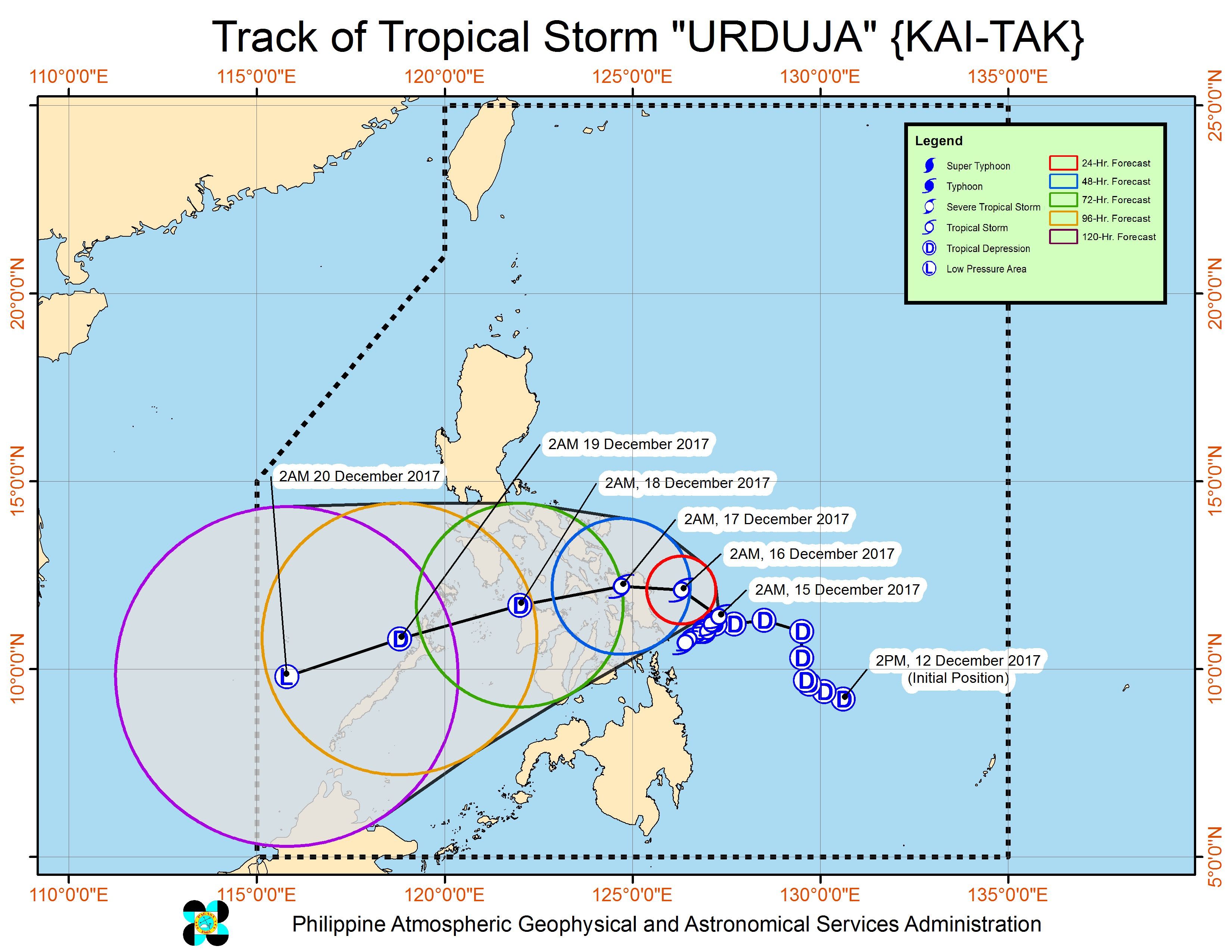 Forecast track of Tropical Storm Urduja as of December 15, 5 am. Image courtesy of PAGASA 
