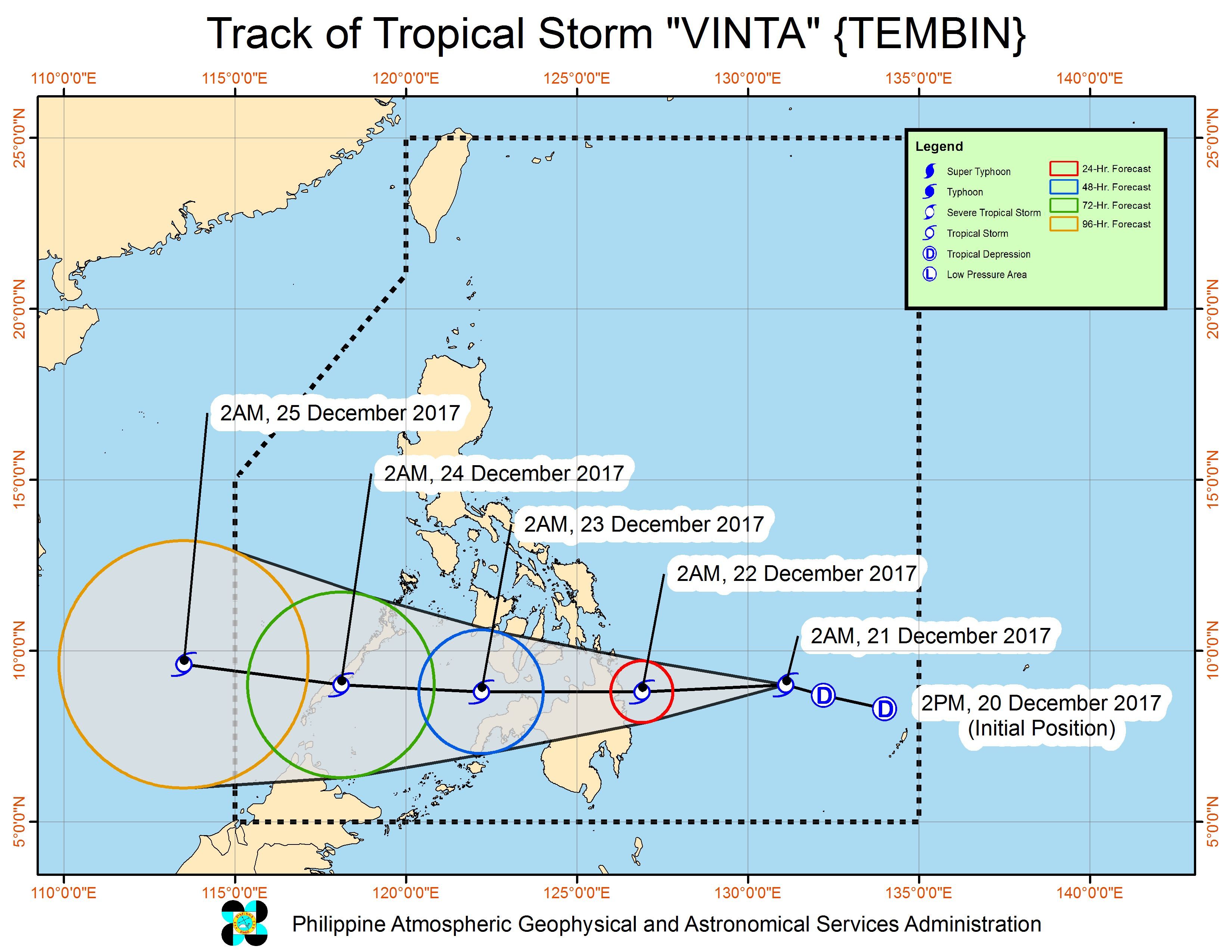 Forecast track of Tropical Storm Vinta as of December 21, 5 am. Image courtesy of PAGASA 