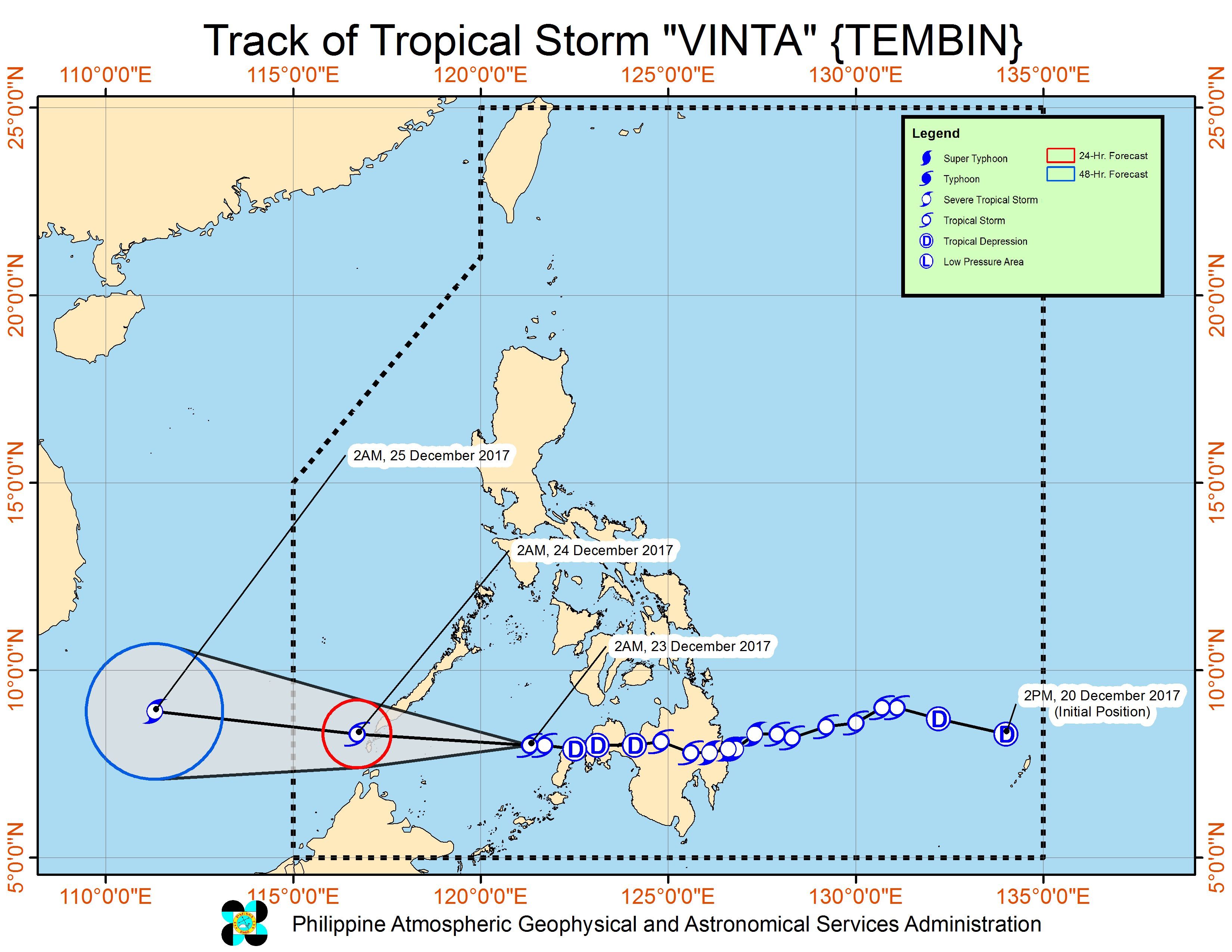 Forecast track of Tropical Storm Vinta as of December 23, 5 am. Image courtesy of PAGASA 