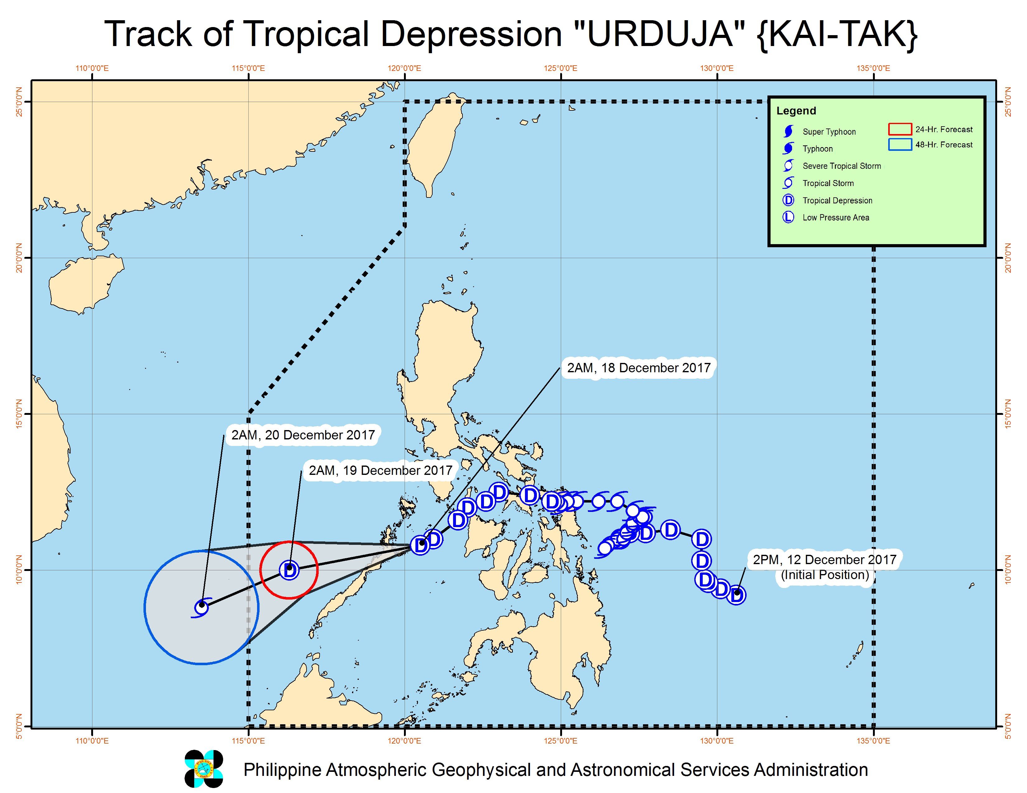 Forecast track of Tropical Depression Urduja as of December 18, 5 am. Image courtesy of PAGASA 