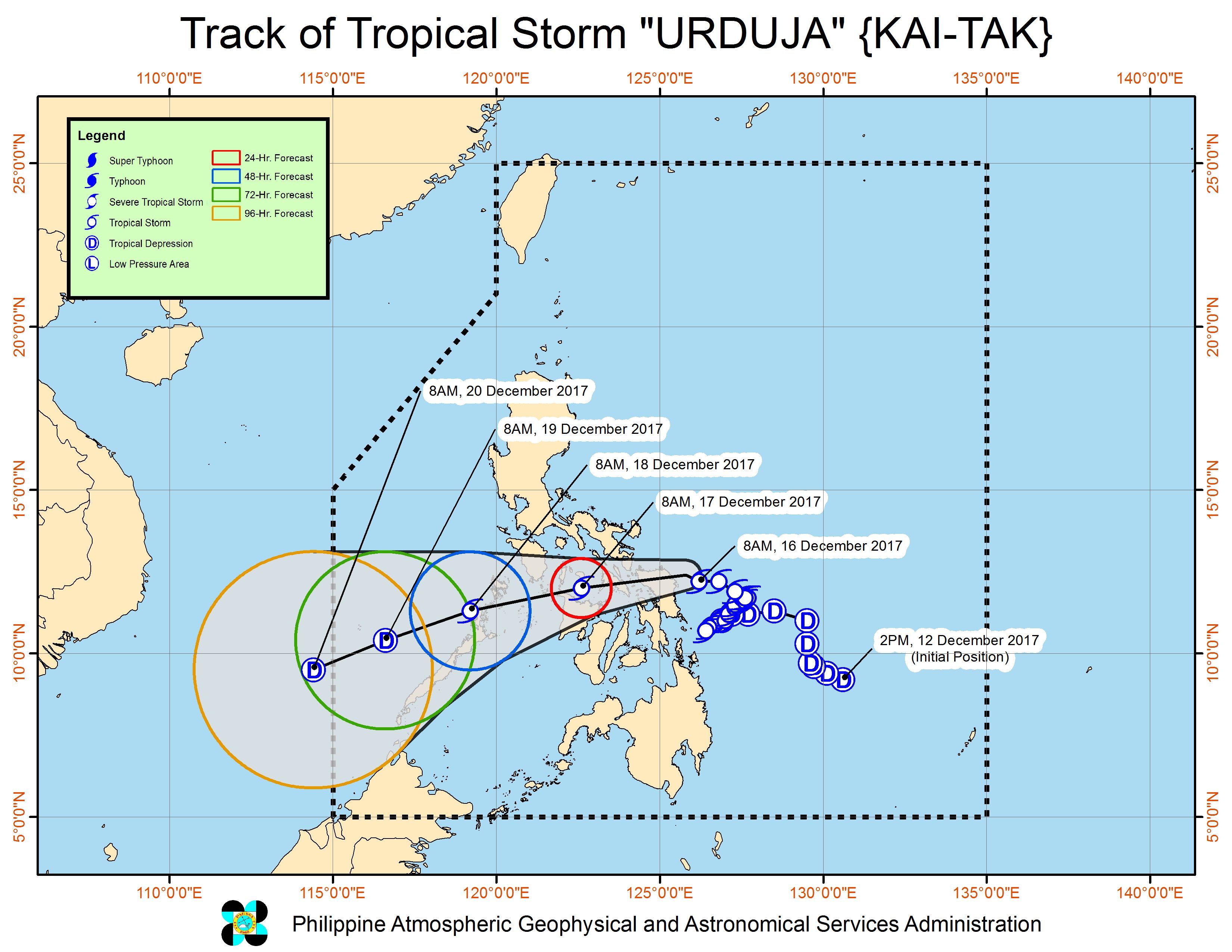 Forecast track of Tropical Storm Urduja as of December 16, 11 am. Image courtesy of PAGASA 