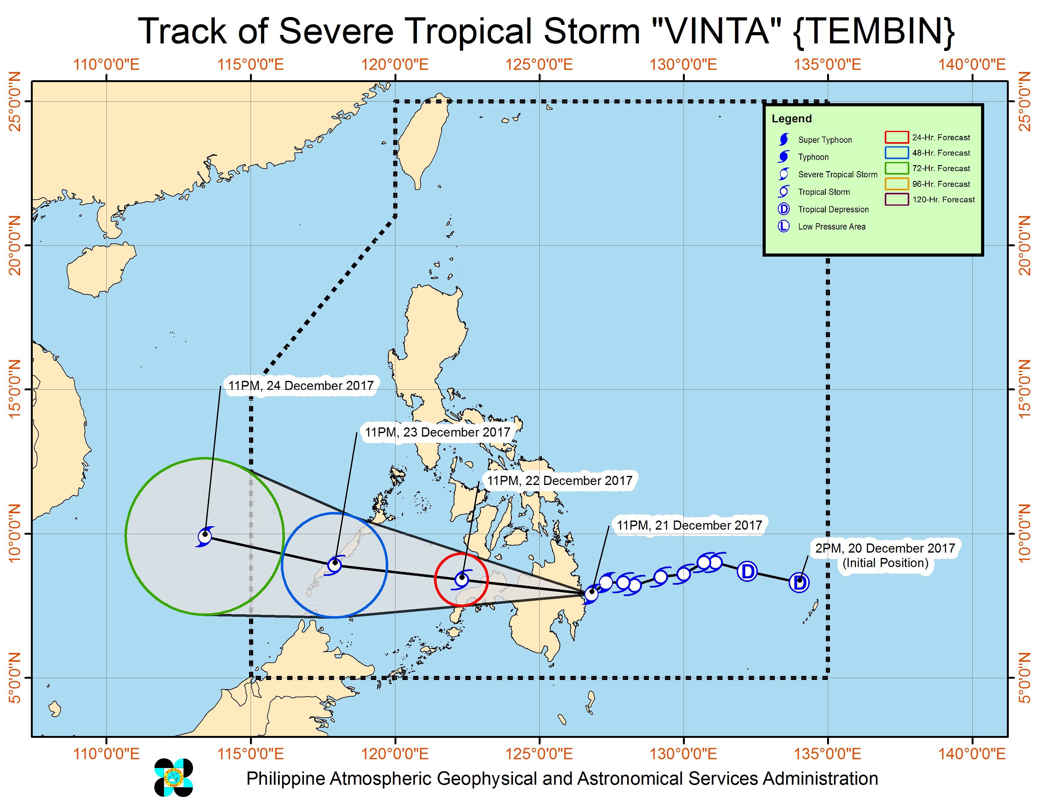 Forecast track of Severe Tropical Storm Vinta as of December 22, 2 am. Image courtesy of PAGASA 