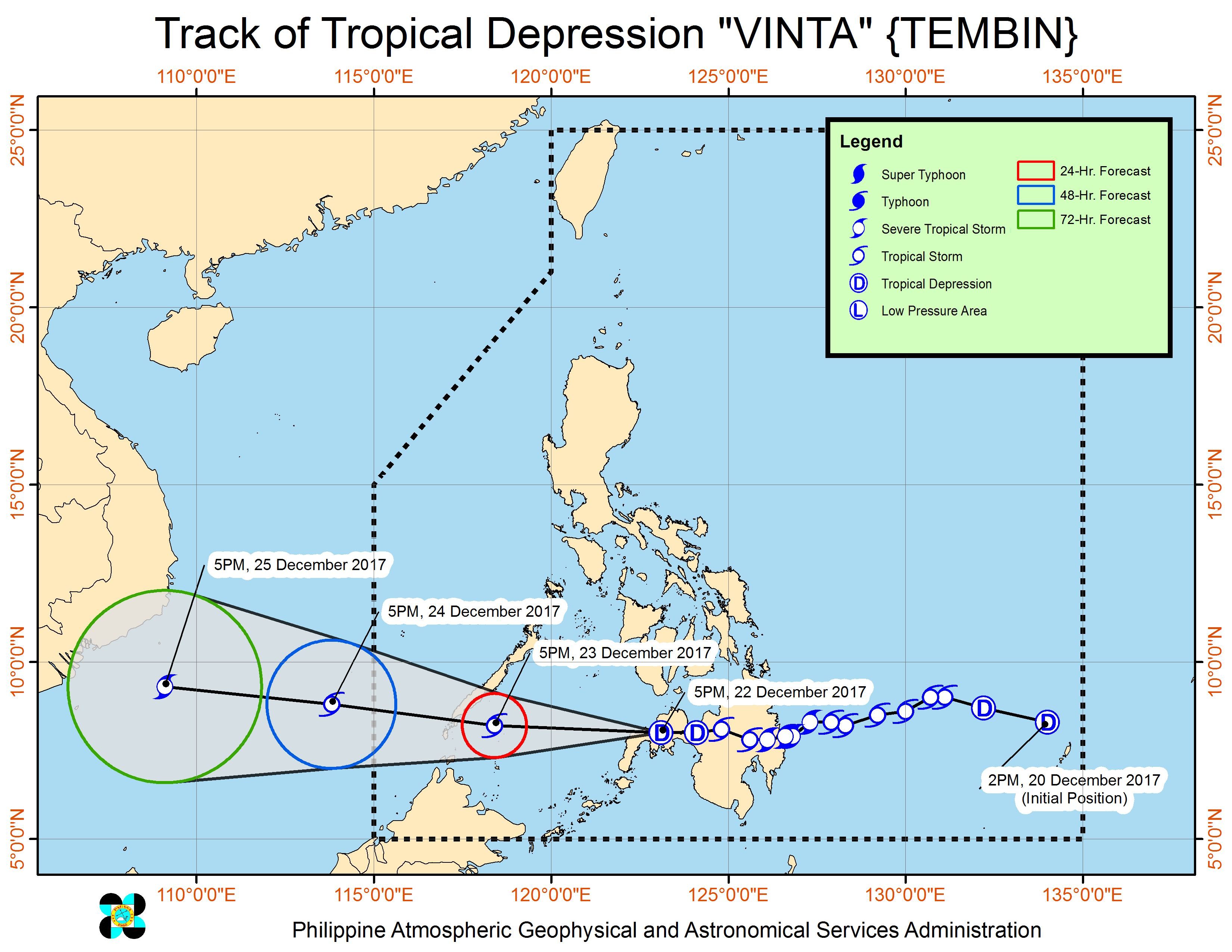 Forecast track of Tropical Depression Vinta as of December 22, 8 pm. Image courtesy of PAGASA 