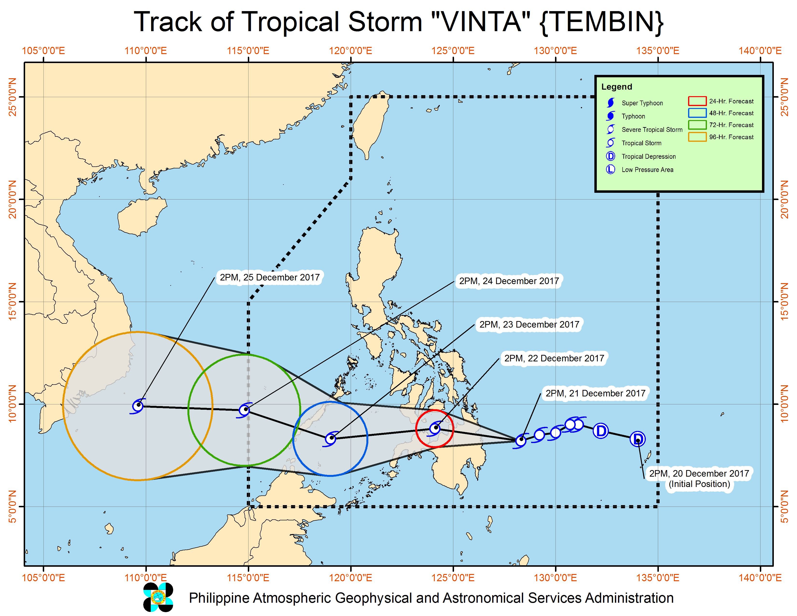Forecast track of Tropical Storm Vinta as of December 21, 5 pm. Image courtesy of PAGASA 