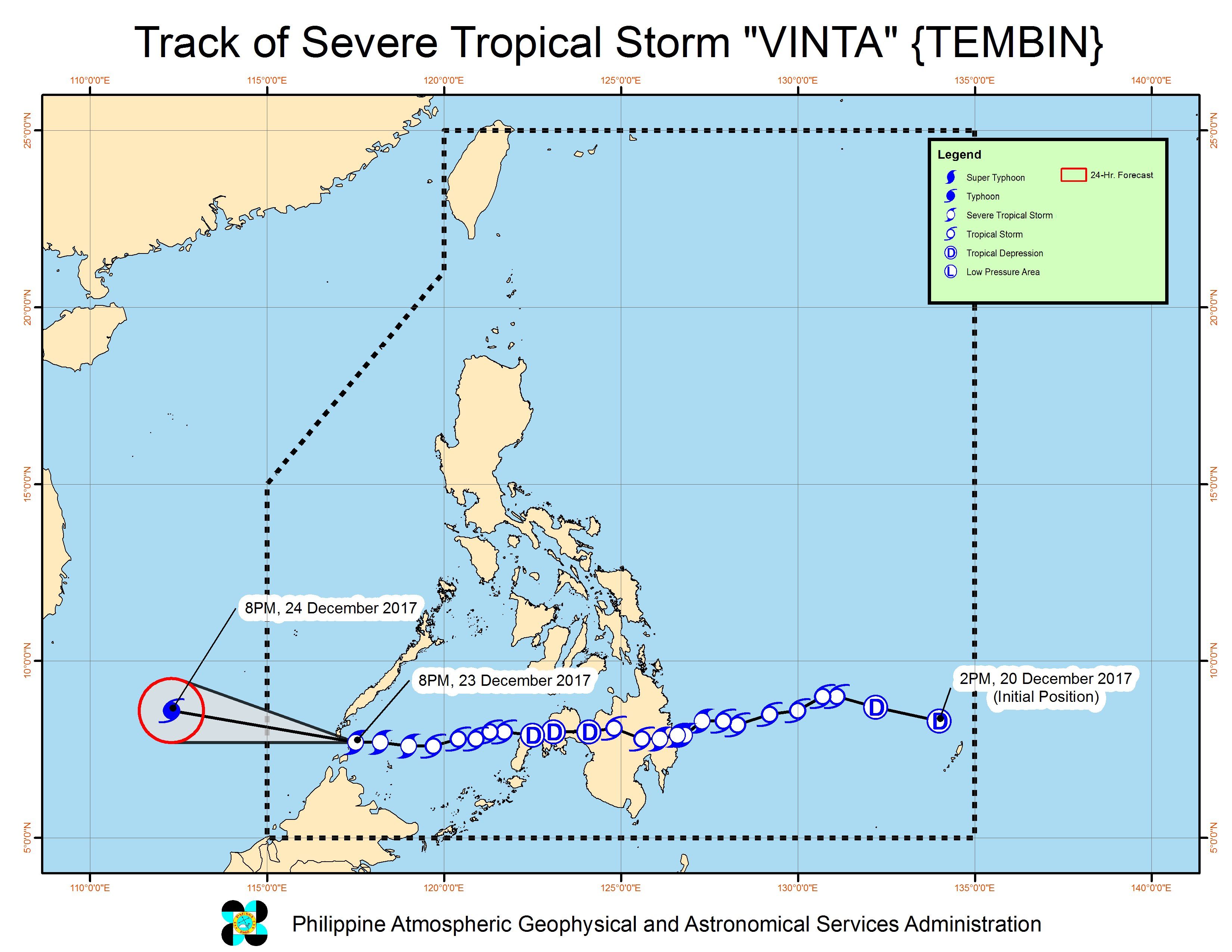Forecast track of Severe Tropical Storm Vinta as of December 23, 11 pm. Image courtesy of PAGASA 