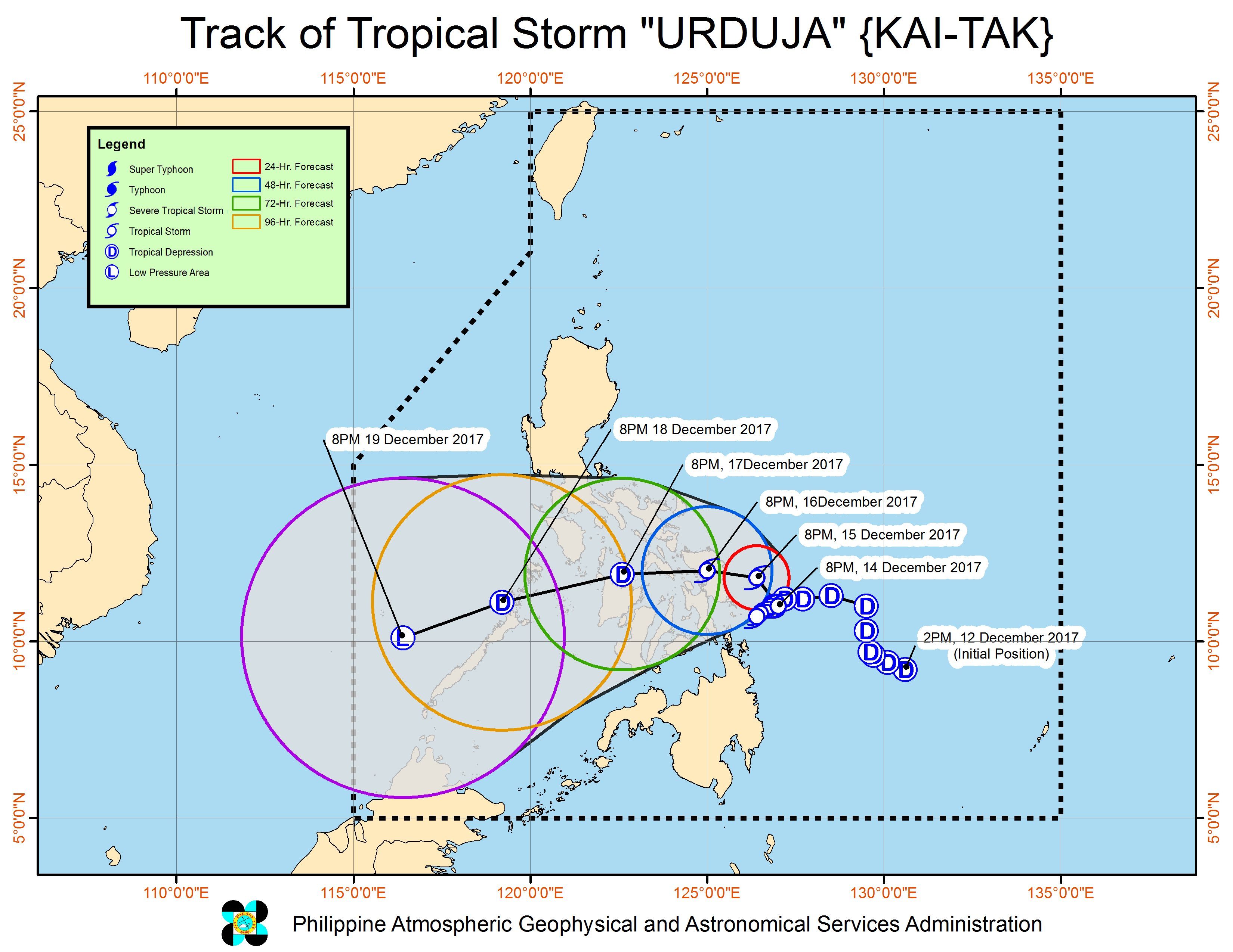 Forecast track of Tropical Storm Urduja as of December 14, 11 pm. Image courtesy of PAGASA 