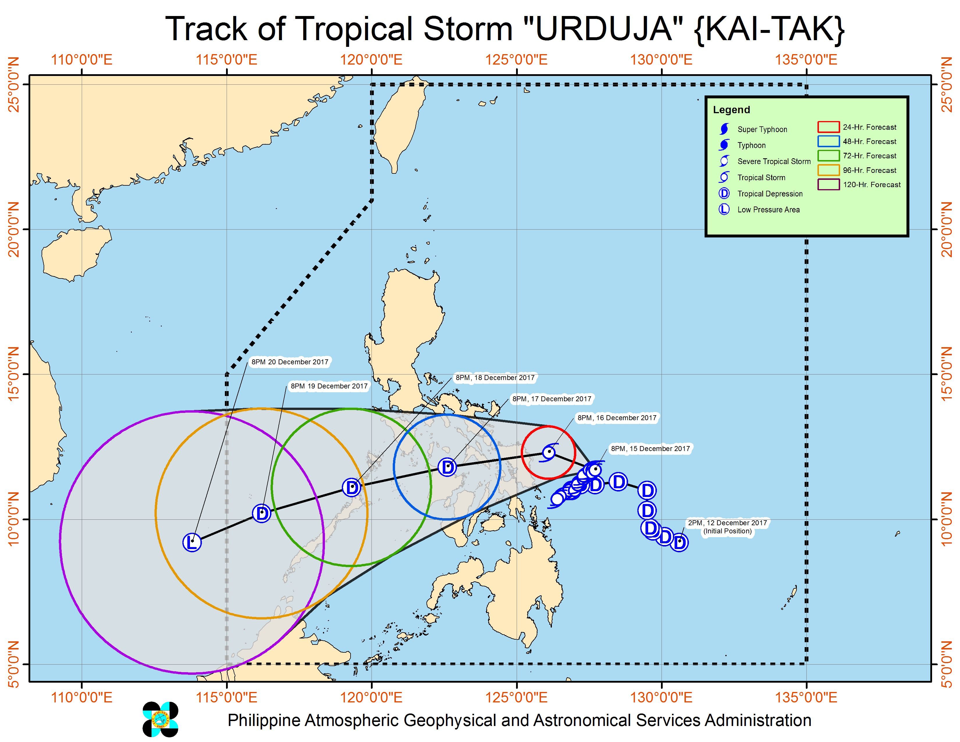 Forecast track of Tropical Storm Urduja as of December 15, 11 pm. Image courtesy of PAGASA 