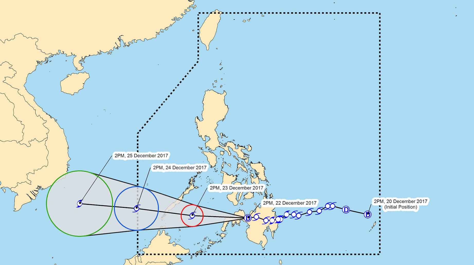 Forecast track of Tropical Depression Vinta as of December 22, 5 pm. Image courtesy of PAGASA 
