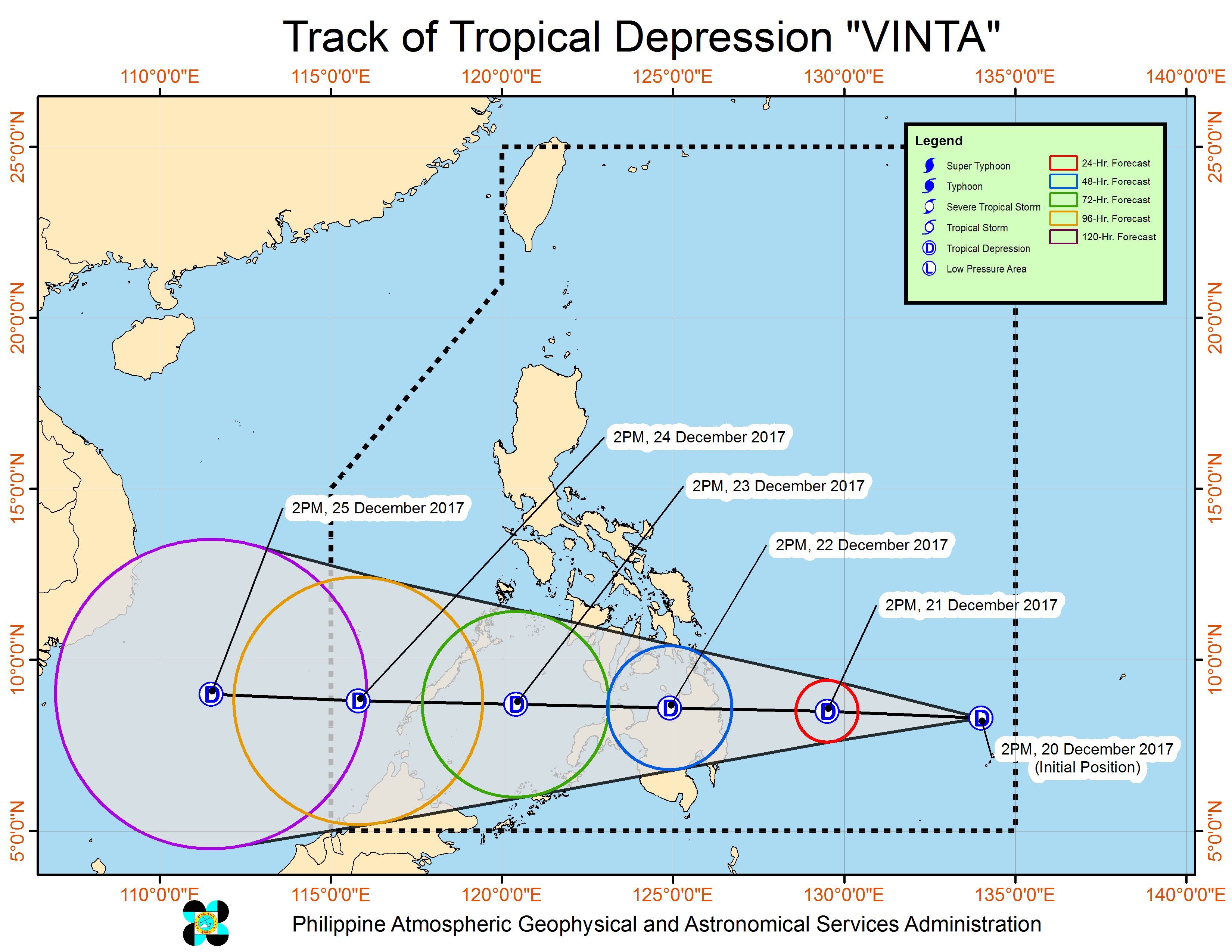 Forecast track of Tropical Depression Vinta as of December 20, 5 pm. Image courtesy of PAGASA 