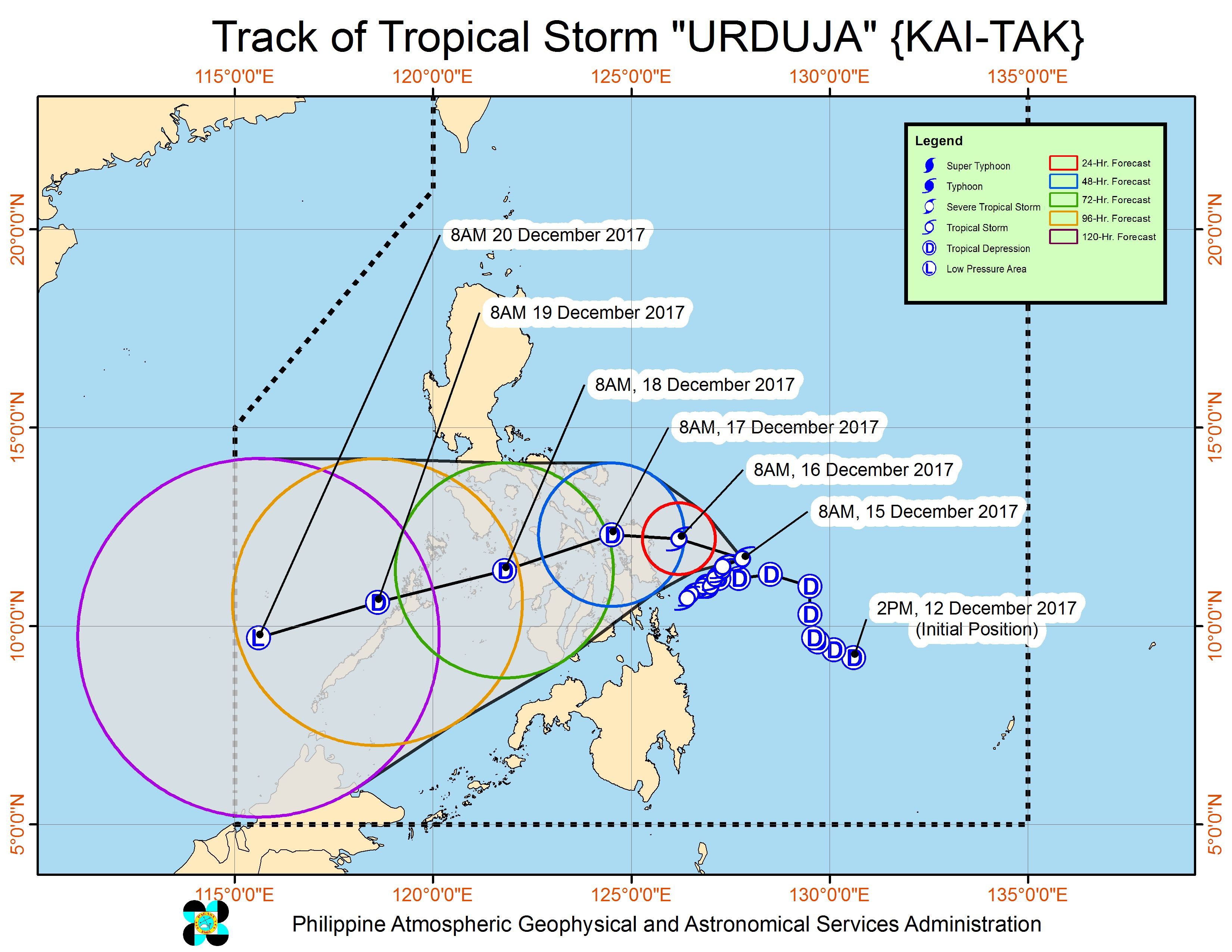 Forecast track of Tropical Storm Urduja as of December 15, 11 am. Image courtesy of PAGASA 