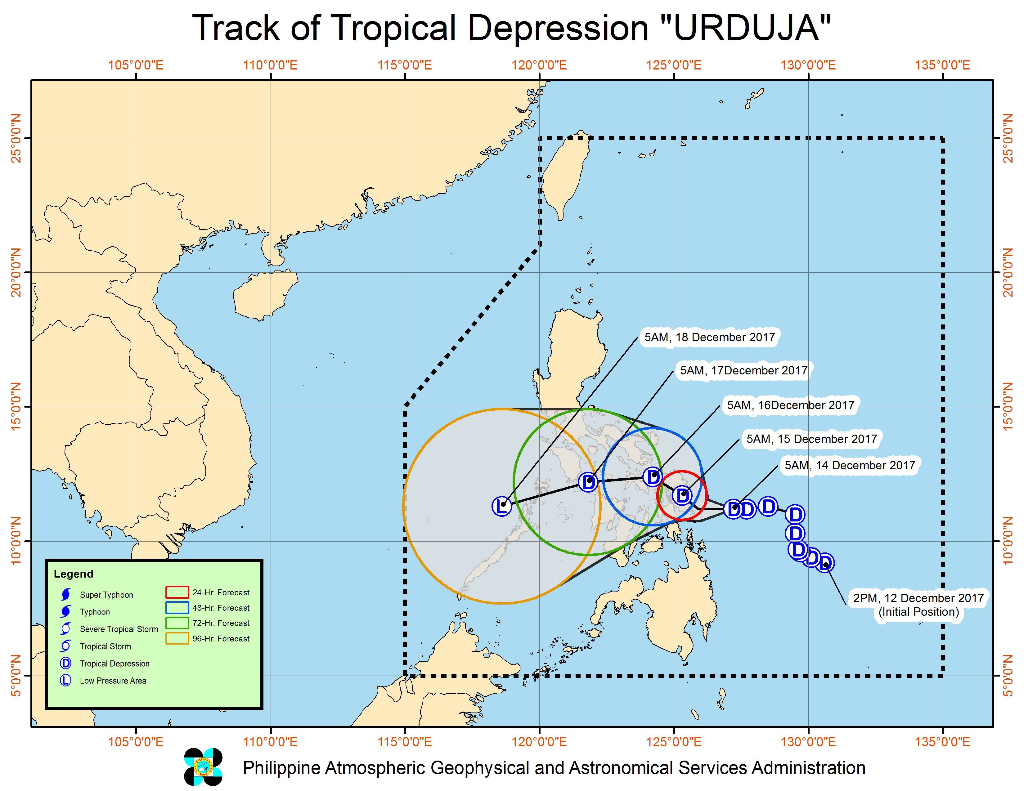 Forecast track of Tropical Depression Urduja as of December 14, 8 am. Image courtesy of PAGASA 