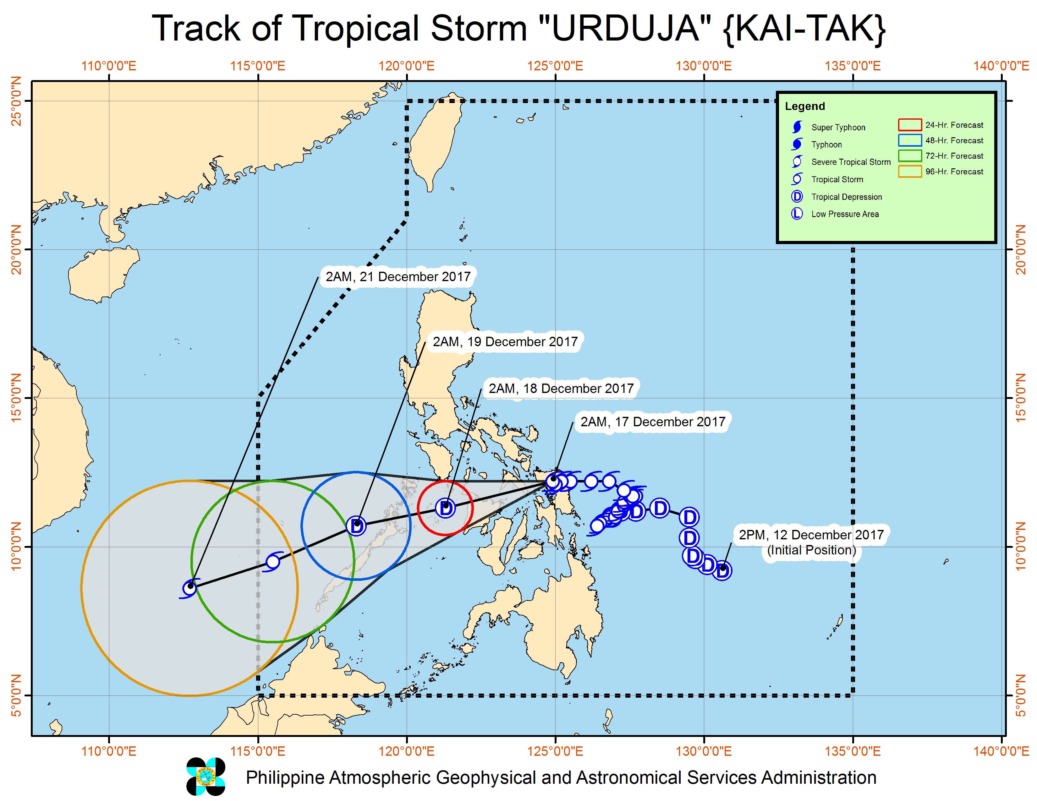 Forecast track of Tropical Storm Urduja as of December 17, 5 am. Image courtesy of PAGASA 