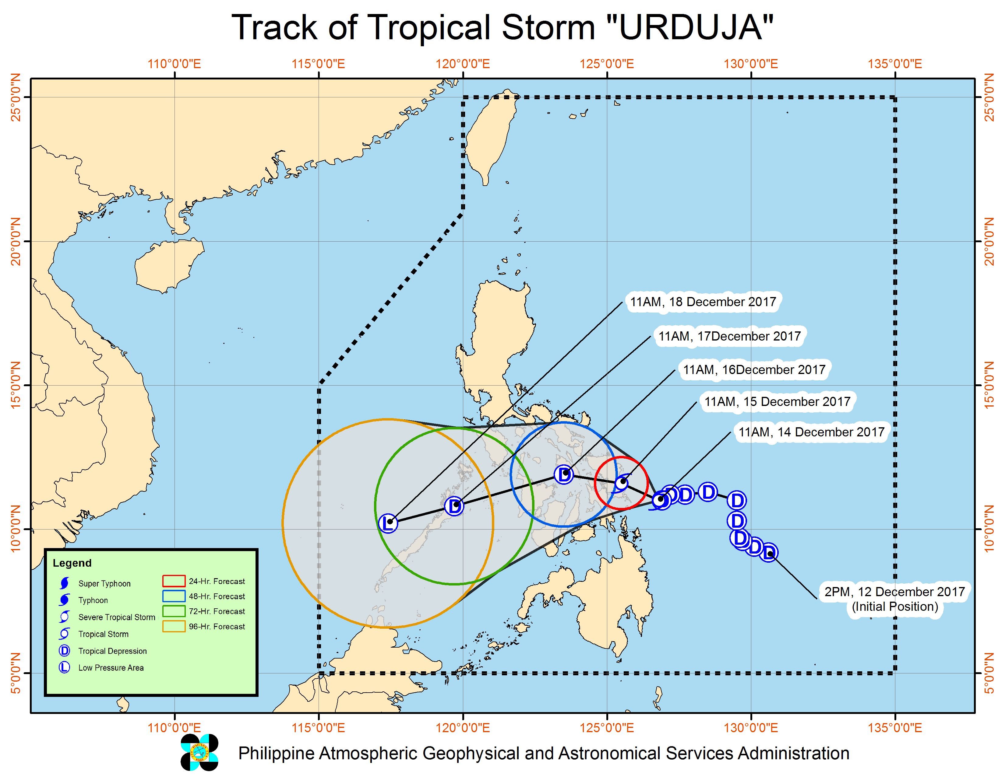 Forecast track of Tropical Storm Urduja as of December 14, 2 pm. Image courtesy of PAGASA 