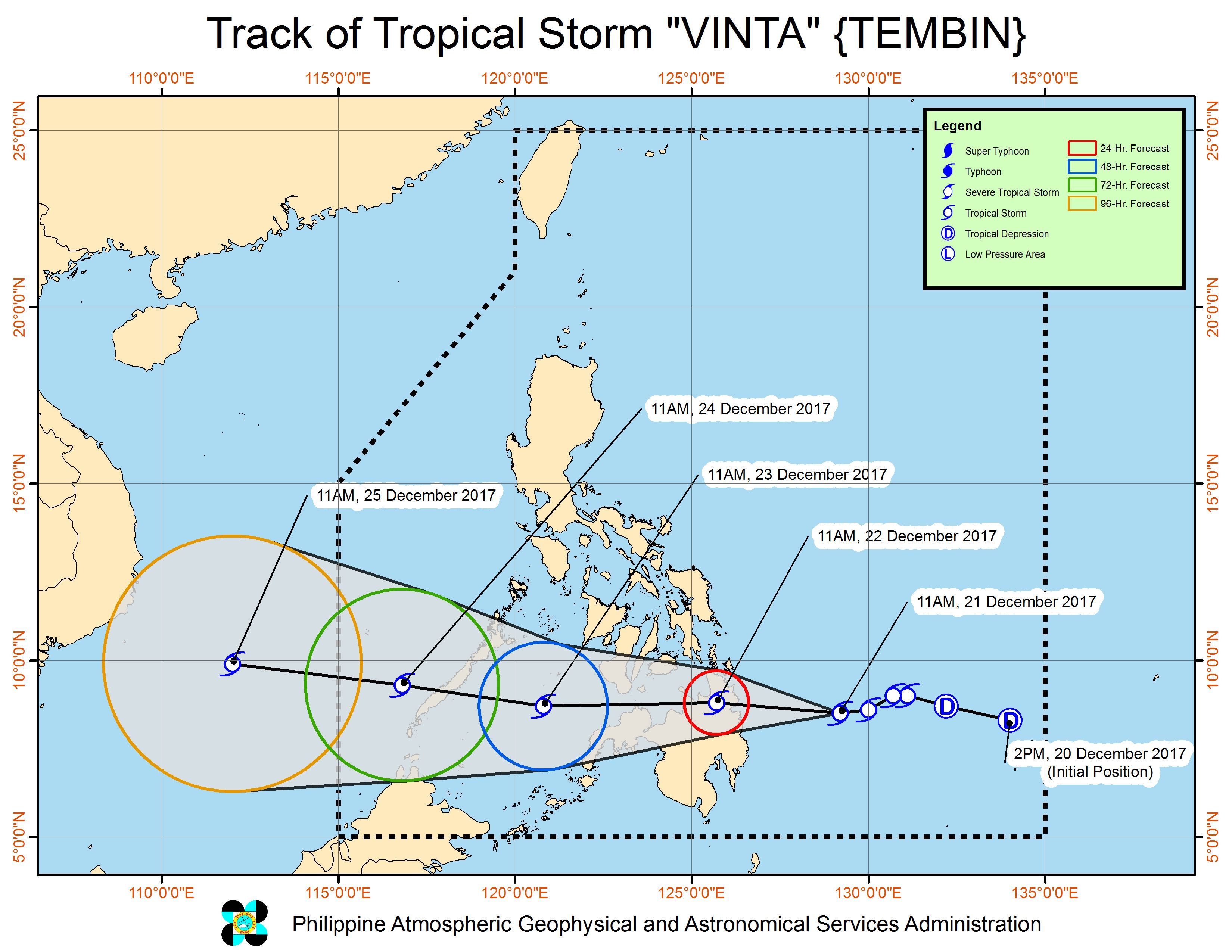 Forecast track of Tropical Storm Vinta as of December 21, 2 pm. Image courtesy of PAGASA 