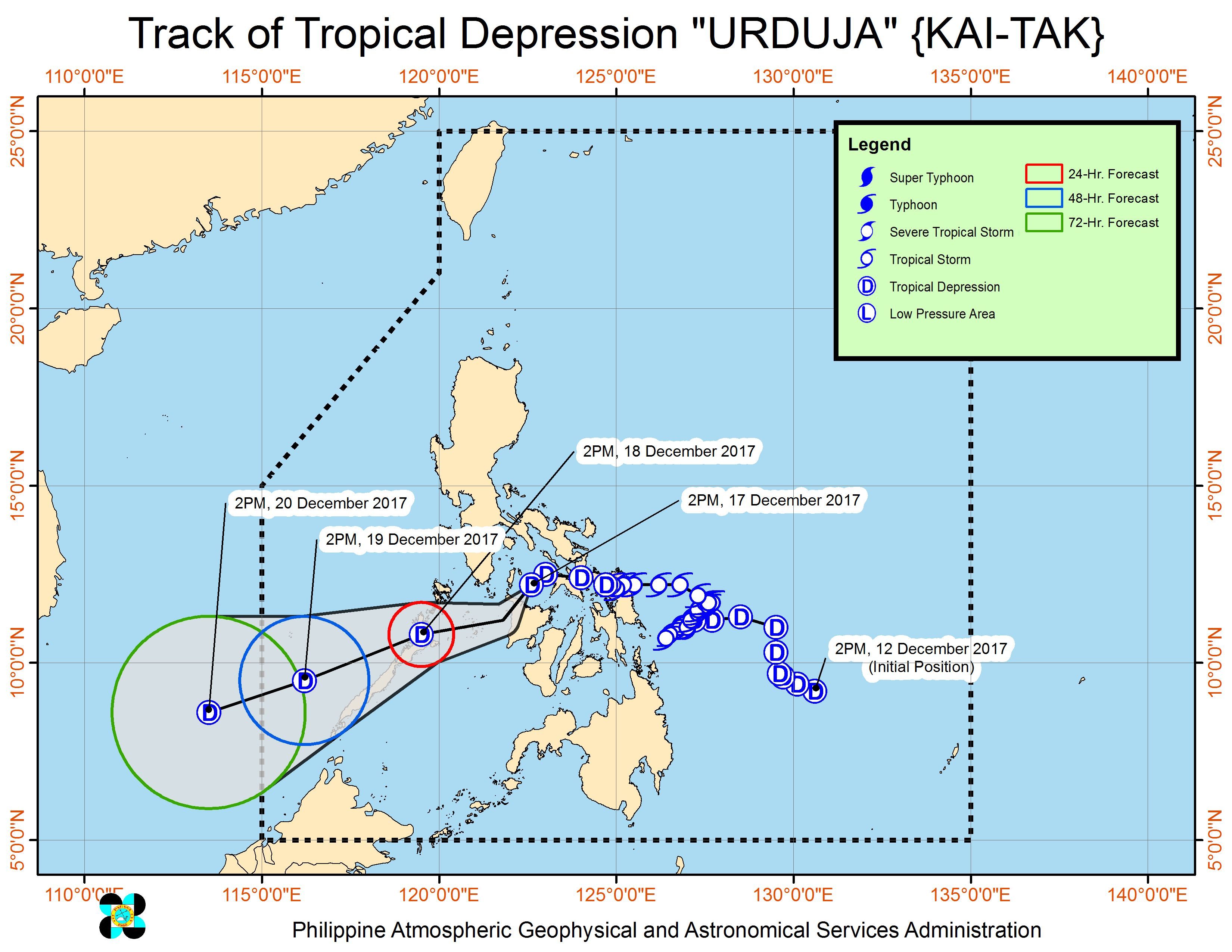 Forecast track of Tropical Depression Urduja as of December 17, 5 pm. Image courtesy of PAGASA 