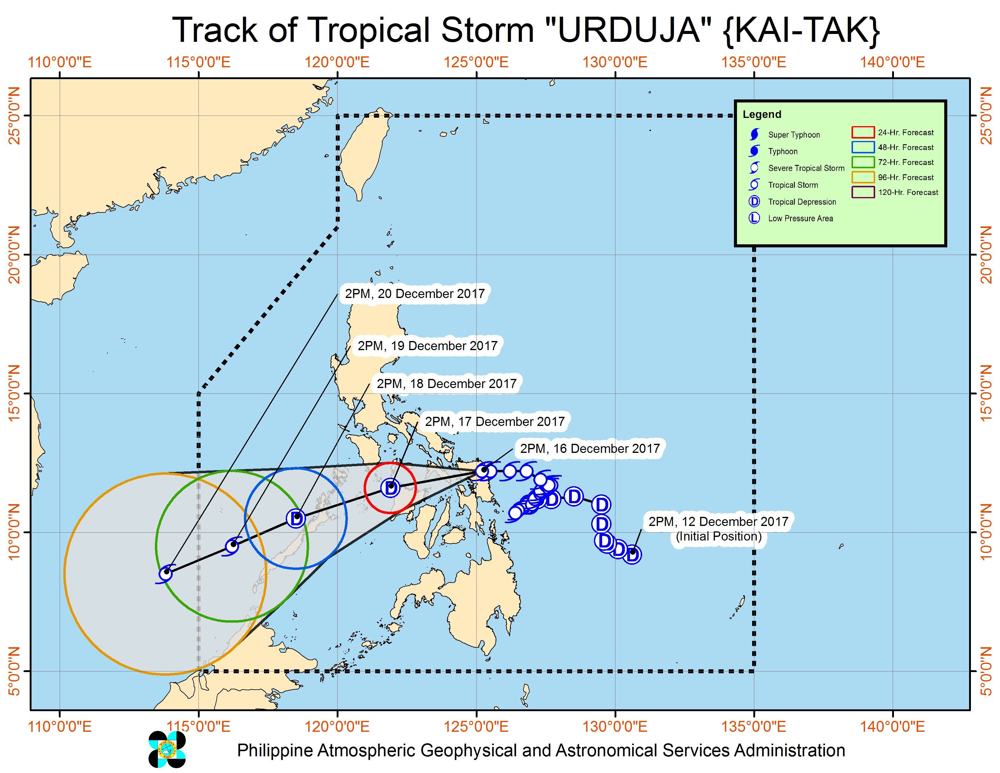 Forecast track of Tropical Storm Urduja as of December 16, 5 pm. Image courtesy of PAGASA 