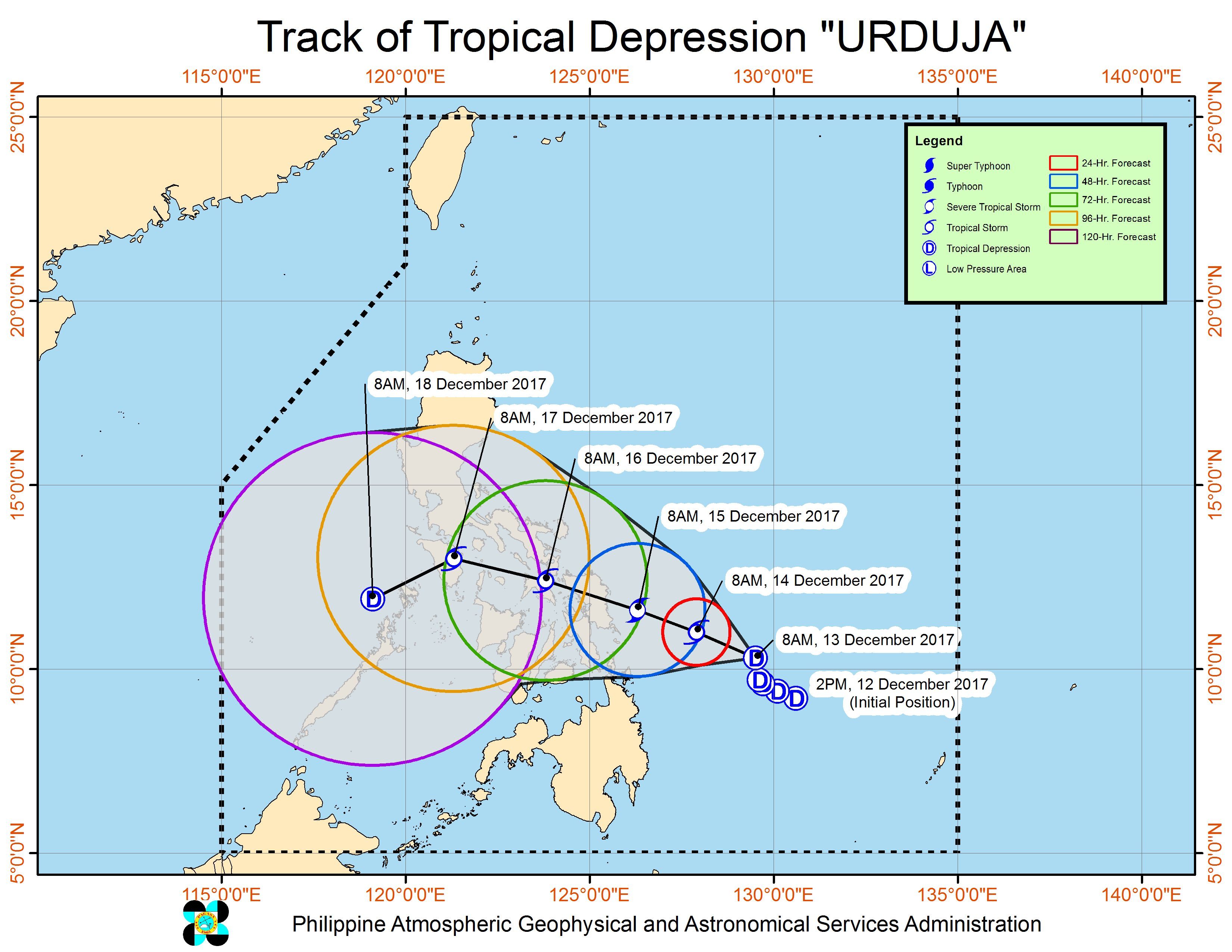 Forecast track of Tropical Depression Urduja as of December 13, 11 am. Image courtesy of PAGASA 